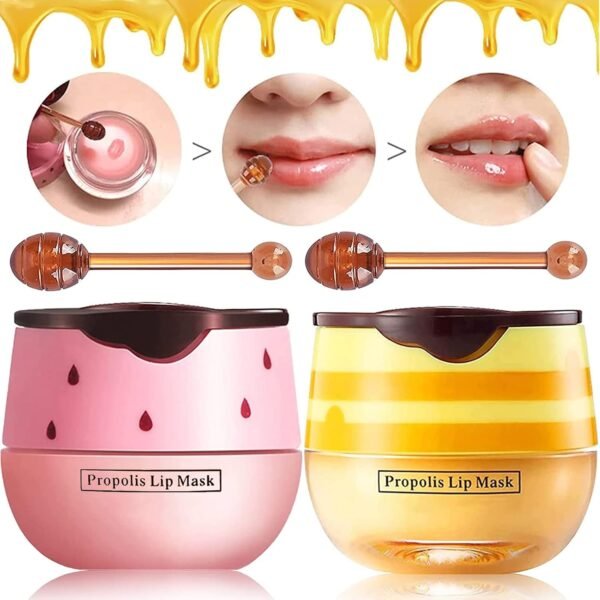 2 Pack Bee Lip Balm Honey Pot, Honey & Strawberry Lip Mask Propolis Lip Mask Moisturizing Hydrating Prevention Dry and Cracked Lip Scrubs Exfoliator (Honey+Strawberry) - Image 2