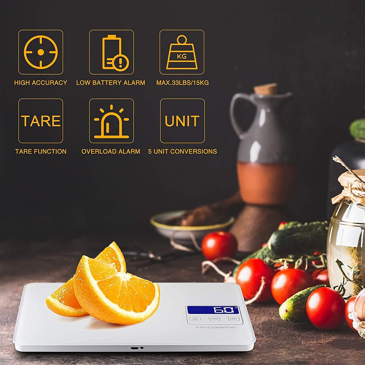MegaWise Precision Food Scale, 33lb Waterproof Rechargeable Digital Kitchen Scale, 1g/0.04oz Precise Graduation, Weight Grams and Ounces for Cooking Baking, 5 Units Conversion, Tare Function - Image 3