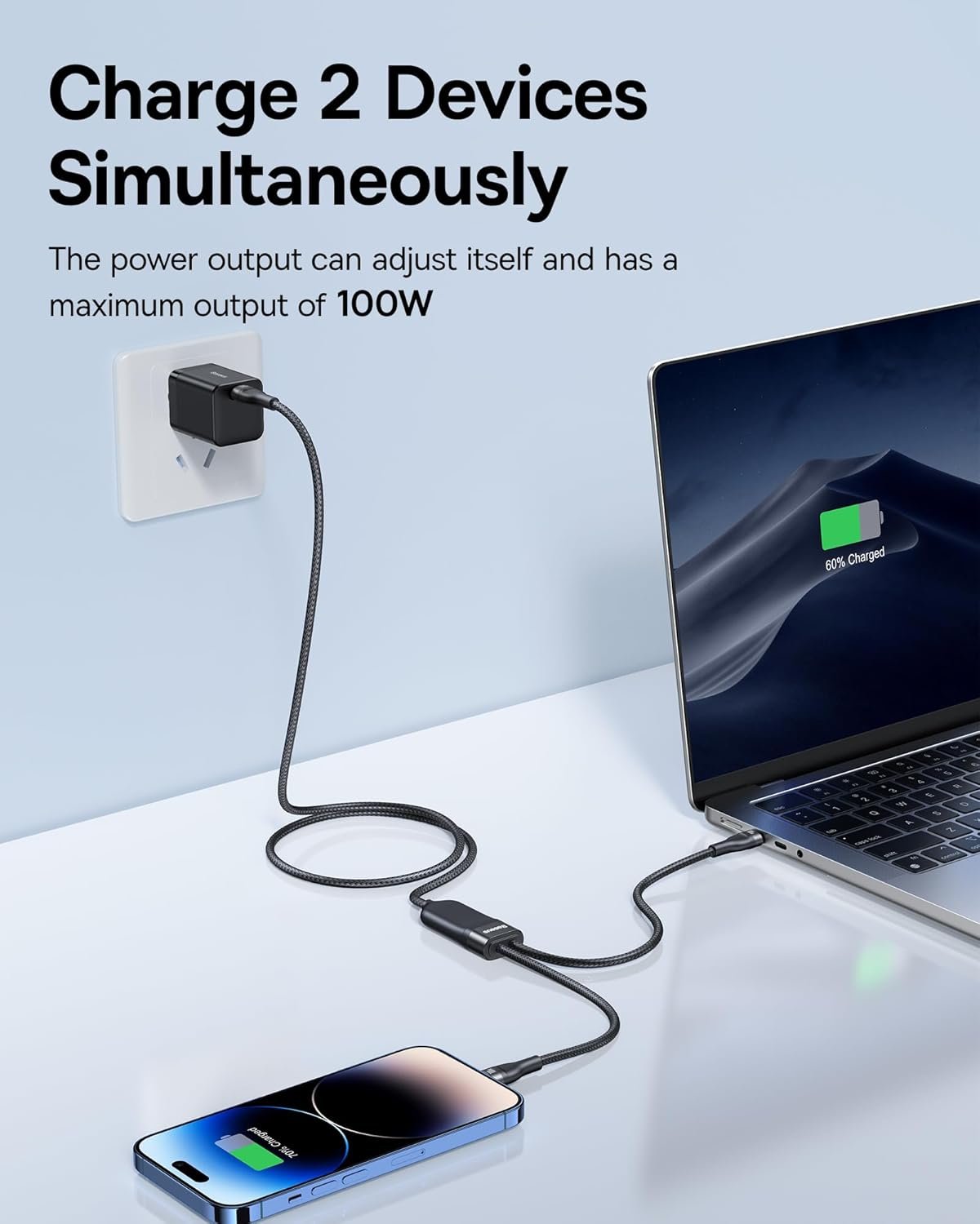 Baseus USB C Cable, Single Port Max 100W 4.9FT 5A USB C Charger Cable, 2 in 1 Multi Fast Charging Cable, Nylon Braided USB C to USB C Cable for 15/Pro/Plus/Max, MacBook Pro, iPad Pro, Galaxy S23/S22 - Image 3