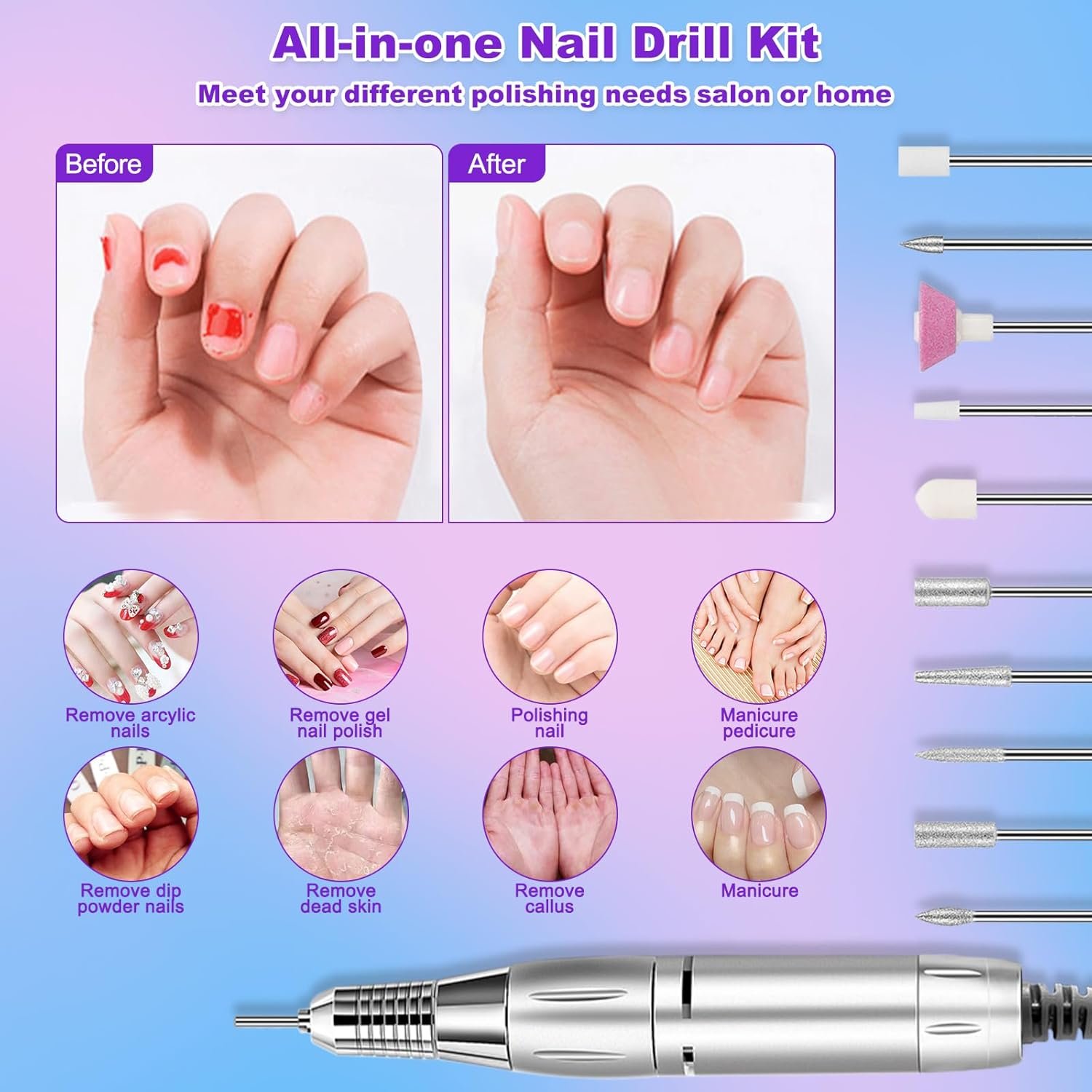 NAILGIRLS Electric Nail Drill Professional 35000RPM, Electric Nail File with Foot Pedal, Nail Drill Machine with LCD Display for Acrylic Gel Nail Manicure, Nail Grinder for Salon Home Use - Image 8