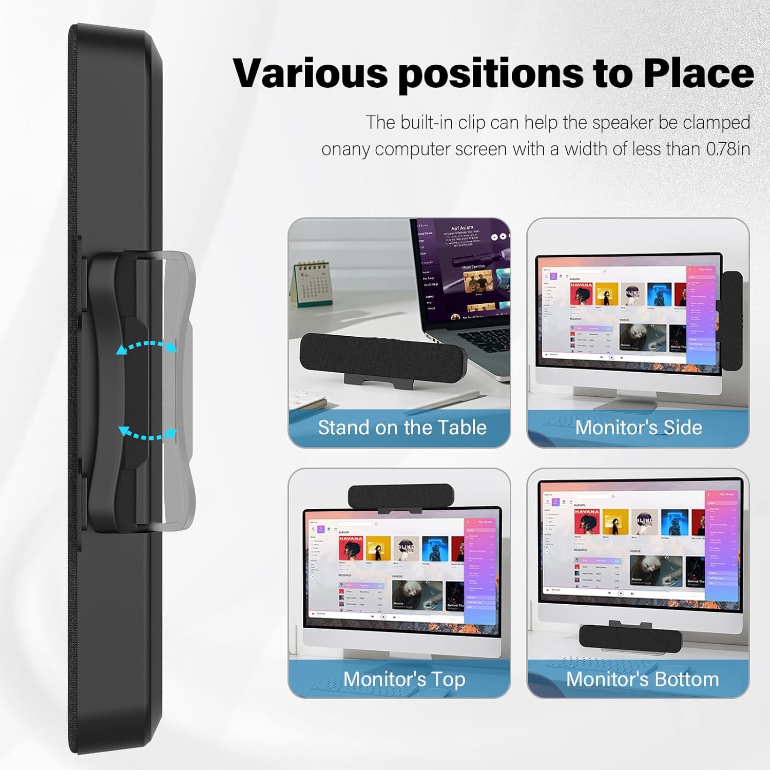 Computer Speakers for Desktop Pc, Monitor Speakers for Laptop,Pc Speakers with Loud Sound,Volume Control Easily Clamps to Monitors(USB-C to USB Adapter Included) (Black) - Image 4