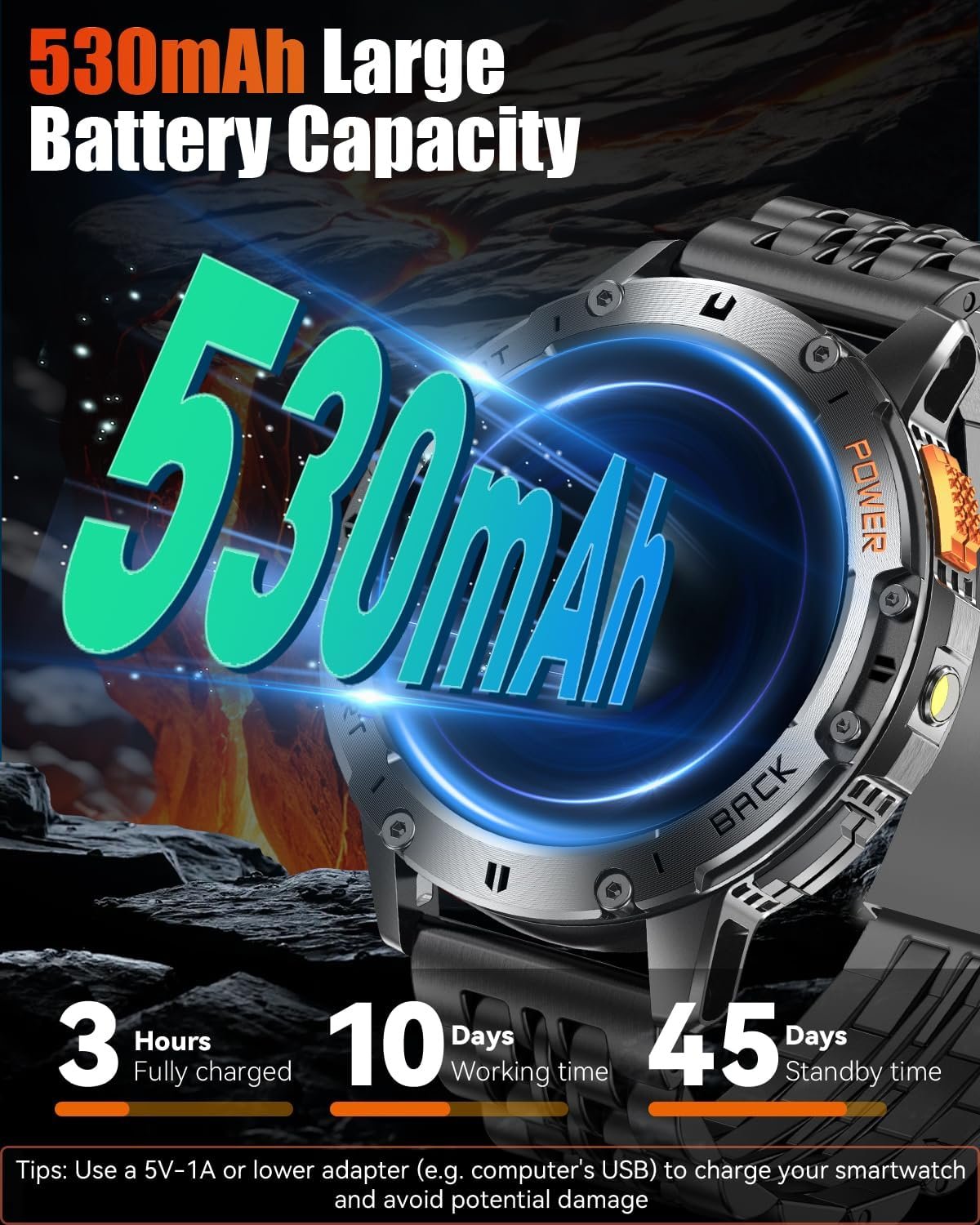 Military Smart Watches for Men with Bluetooth Call, 1.43" AMOLED Waterproof Smartwatch with Flashlight, 111 Sport Modes, 530mAh Heart Rate/SpO2/Sleep Monitor Fitness Tracker for Android iOS - Image 3