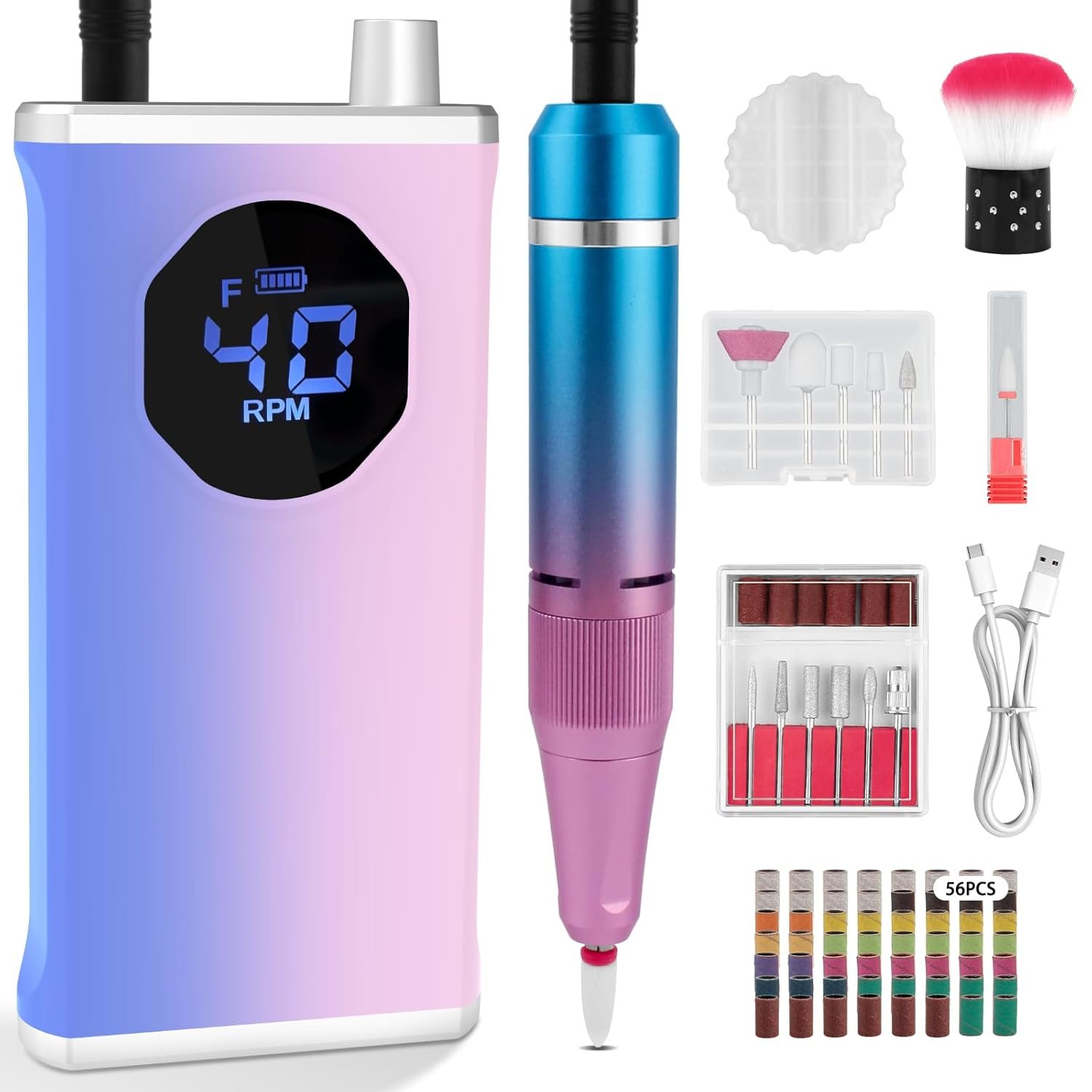 Electric Nail Drill Professional Kit, 40,000 RPM Portable Nail Drill | Rechargeable 3000mAh Electric Nail File with LED Display for Acrylic Nails, Gel Polishing, Salon & Home DIY - Image 2