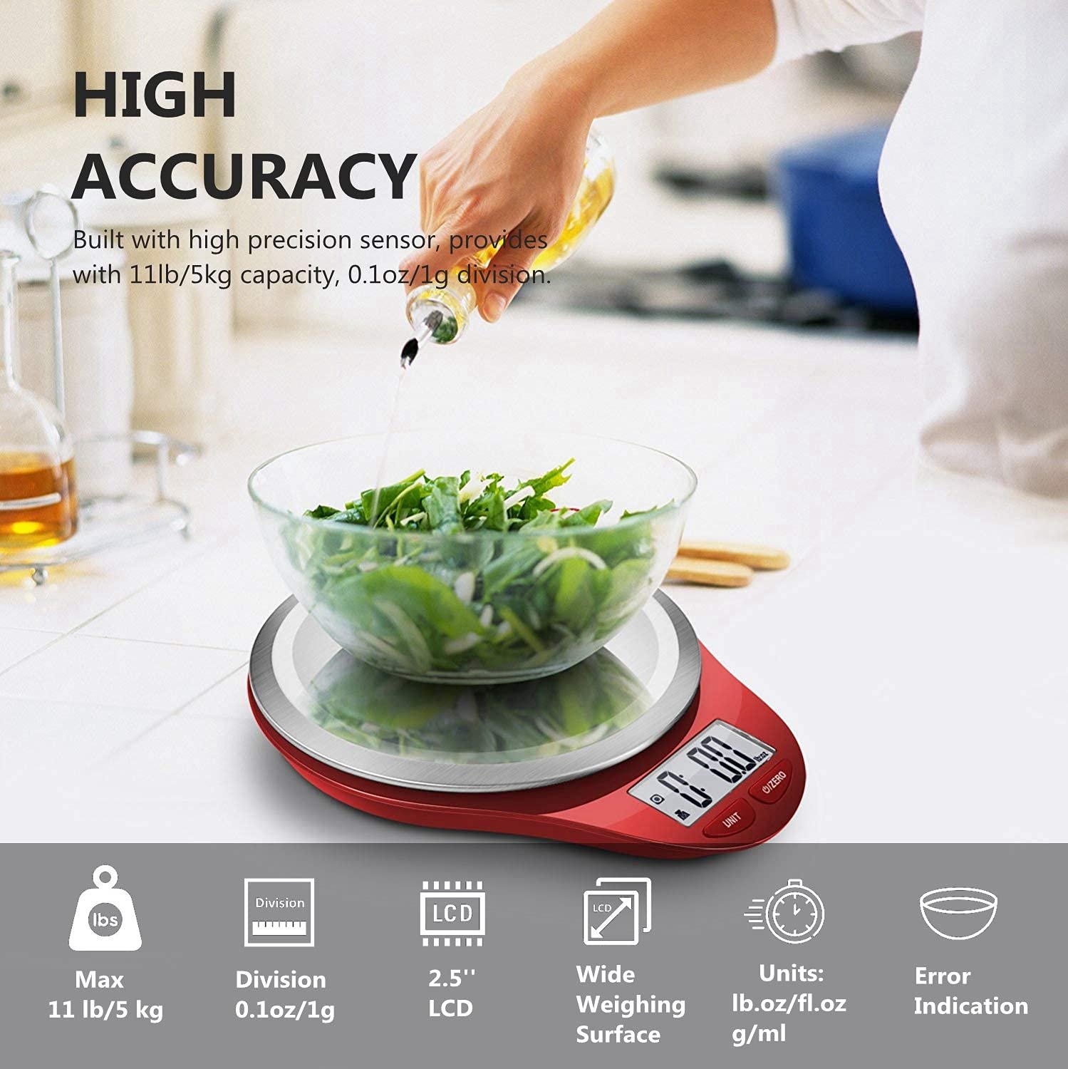 NUTRI FIT Digital Kitchen Scale with Wide Stainless Steel Plateform High Accuracy Multifunction Food Scale with LCD Display for Baking Kitchen Cooking,Tare & Auto Off Function (Red) - Image 3