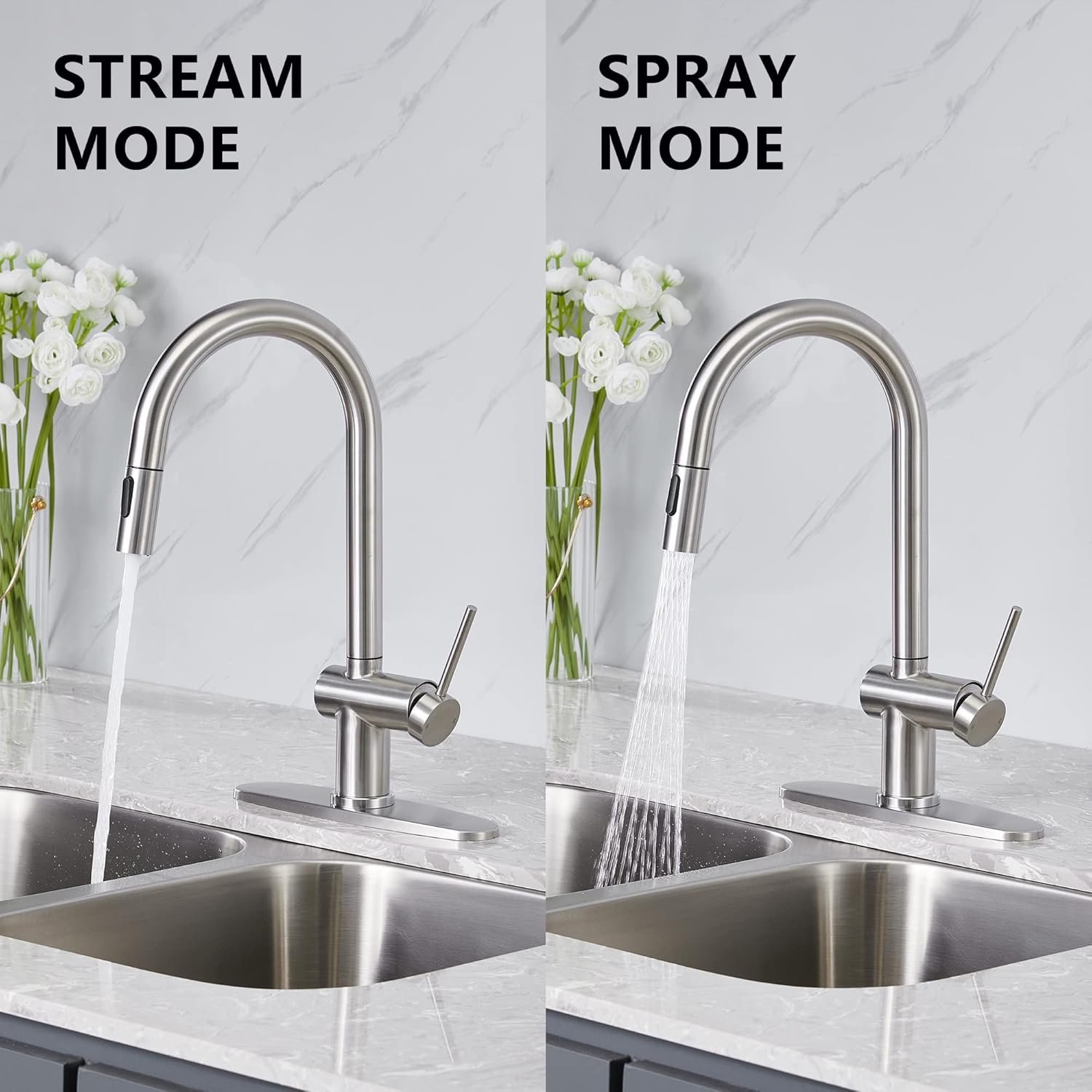 Kitchen Faucet with Pull Down Sprayer, Modern Stainless Steel Single Handle Kitchen Sink Faucet, Single Hole Kitchen Faucet with 10" Deck Plate (Brushed Nickel) - Image 4