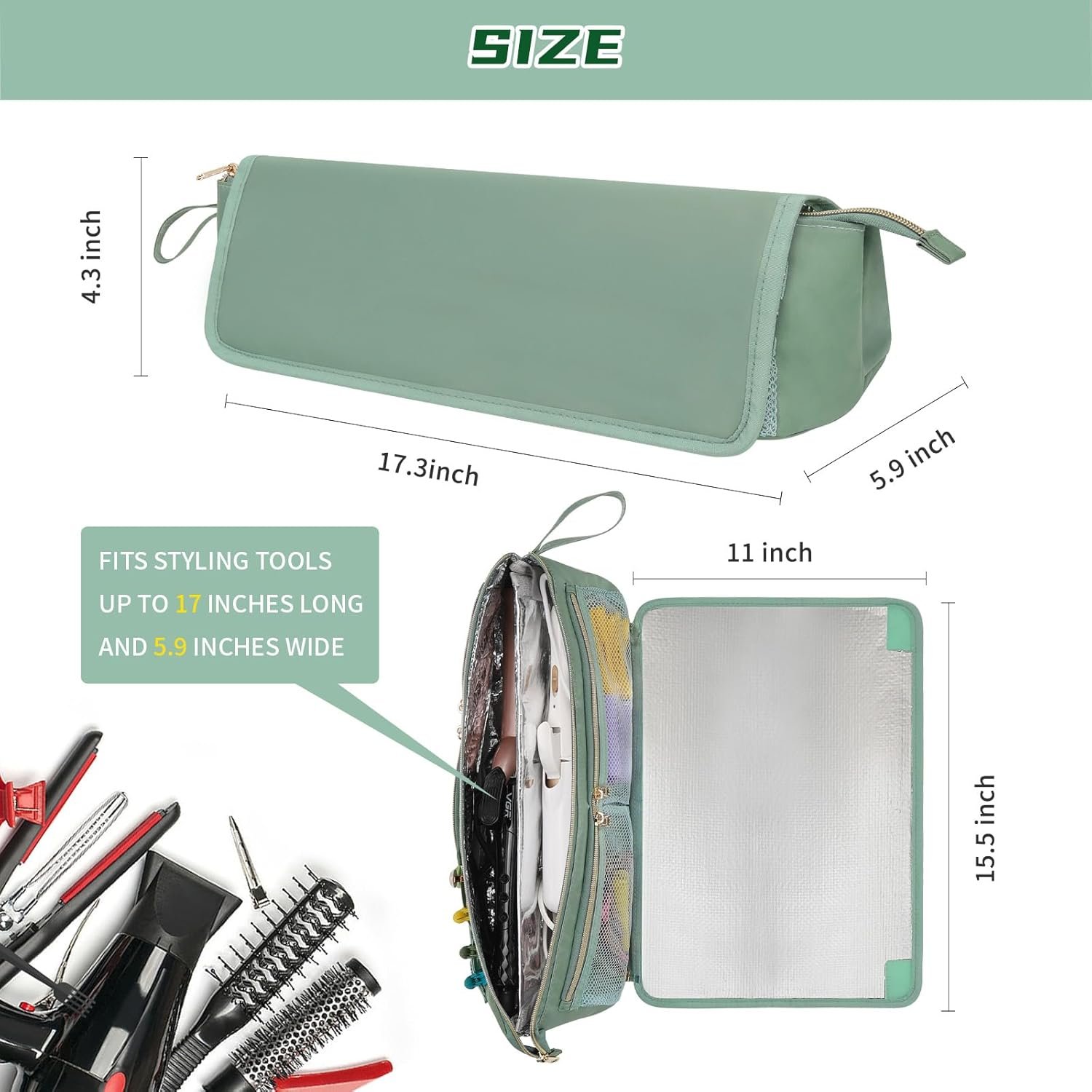 Ethereal 2-in-1 Hair Tools Travel Bag and Tinfoil Heat Resistant Mat for Flat Irons, Straighteners, Curling Iron, and Haircare Accessories, Hot Hair Styling Tool Organizer with Pockets, Green - Image 7