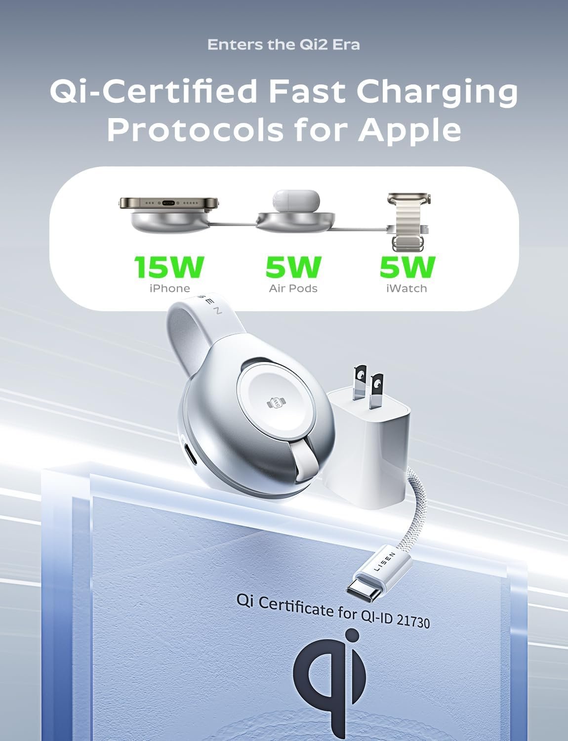 LISEN for Qi2 Magsafe Charger Certified 15W iPhone 16 Travel Charger, 3 in 1 Charging Station for Apple Watch and Airpods,25W Total Magnetic Wireless Charger for iPhone 16 15 (30W Charger Included) - Image 8