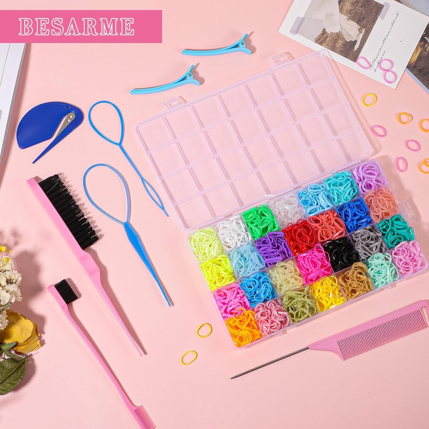 BESARME 28 Colors Rubber Bands for Hair with 7 Hair Styling Tools, 2100 Pcs Colorful Elastic Hair Ties Ponytail Holders Hair Accessories for Girls Baby Toddler Christmas Gifts - Image 6
