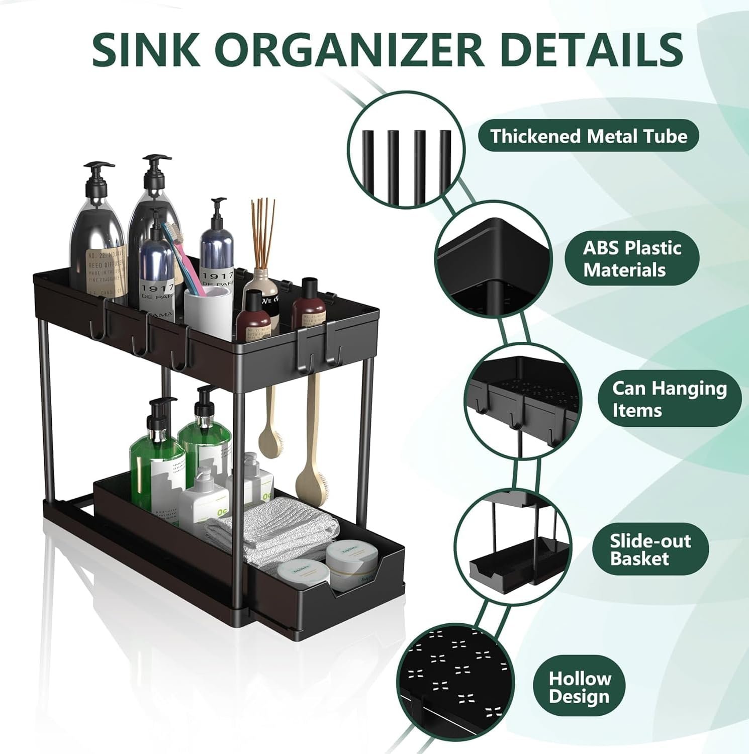 mosala Under Sink Organizers and Storage 2 Pack - 2 Tier Sliding Bathroom Cabinet Organizer with Hooks - Multi-Purpose Under The Sink Organizer Kitchen - Black - Image 4