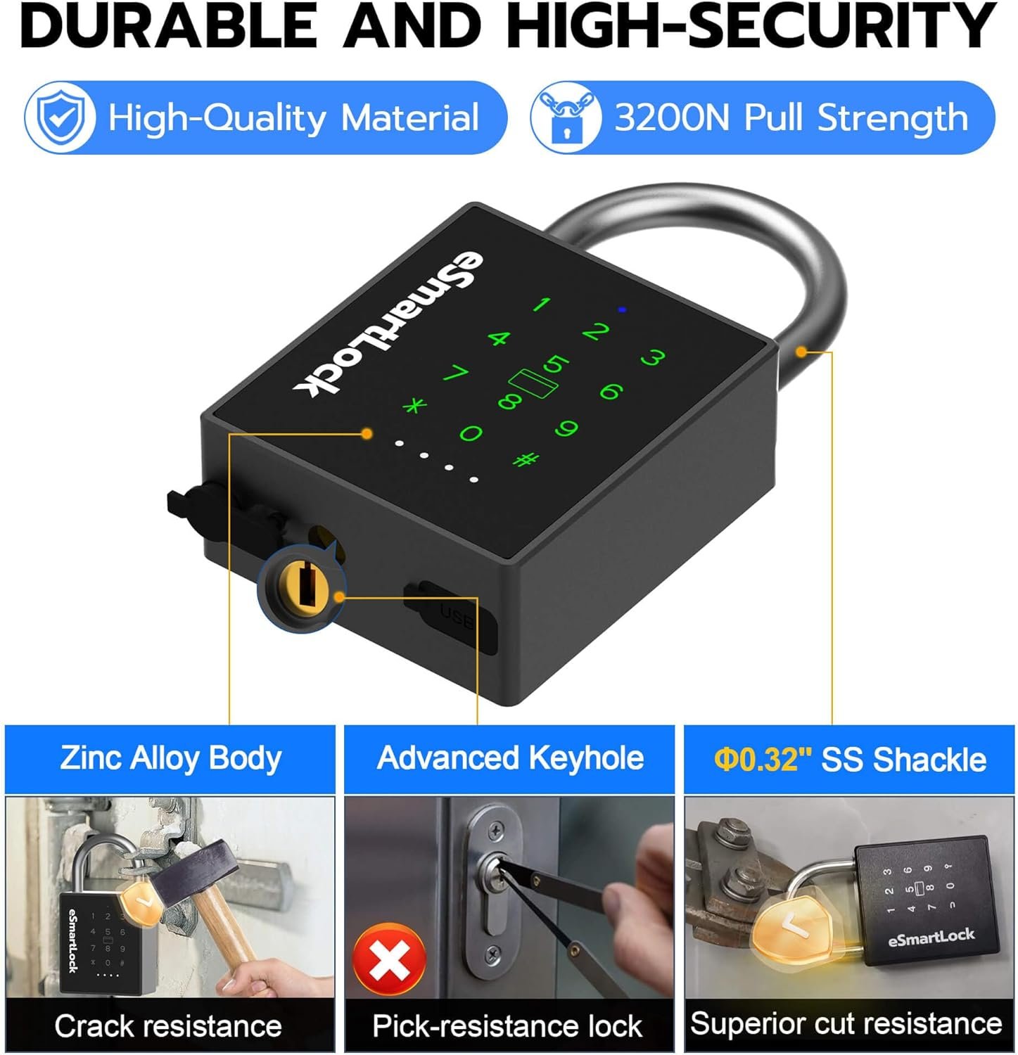 eLinkSmart Heavy Duty Smart Padlock with Key, Pad Locks with Code Keypad, Weatherproof Bluetooth RFID Keyless Electronic Digital Combination Lock for Outdoor Fence Gate Pool Shed Gym Locker Storage - Image 5