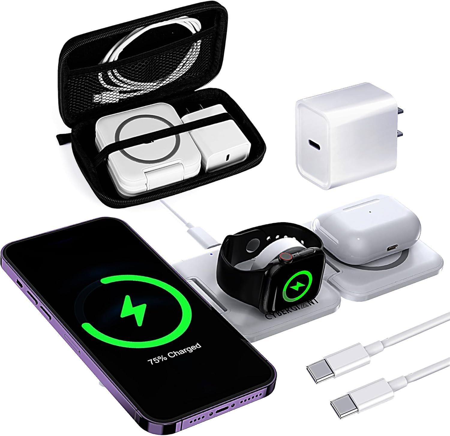 3 in 1 Apple Charging Station for iPhone Airpods Watch iWatch - Travel Charger for Multiple Devices, Portable Foldable iPhone Charging Station - Magnetic iPhone Charger with Adaptor&Case - Image 2