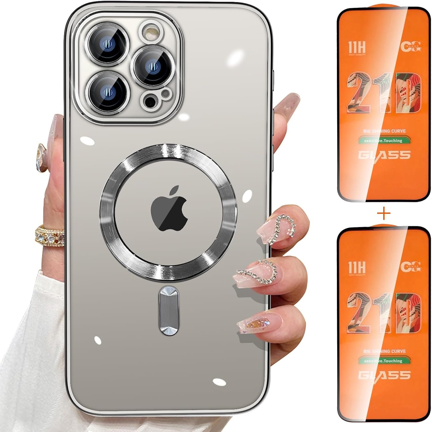 for iPhone 15 Pro Max Case Magsafe, Magnetic Clear Phone Case with Screen Protector and Camera Cover, Transparent Electroplated Case for Women/Girl/Men (Natural Titanium) - Image 2