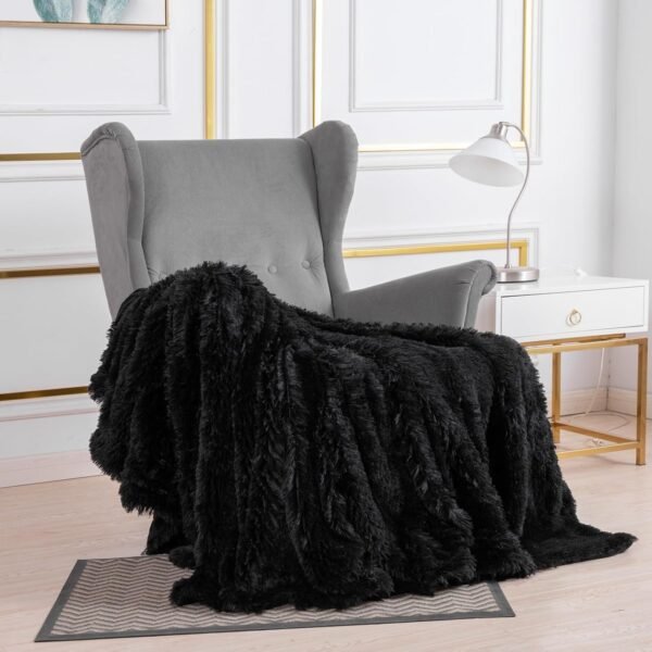 YUSOKI Black Faux Fur Throw Blanket,2 Layers,50" x 60", Soft Fuzzy Fluffy Plush Furry Comfy Warm Cozy Blanket for Couch Bed Chair Sofa Bedroom Mens Gift - Image 5