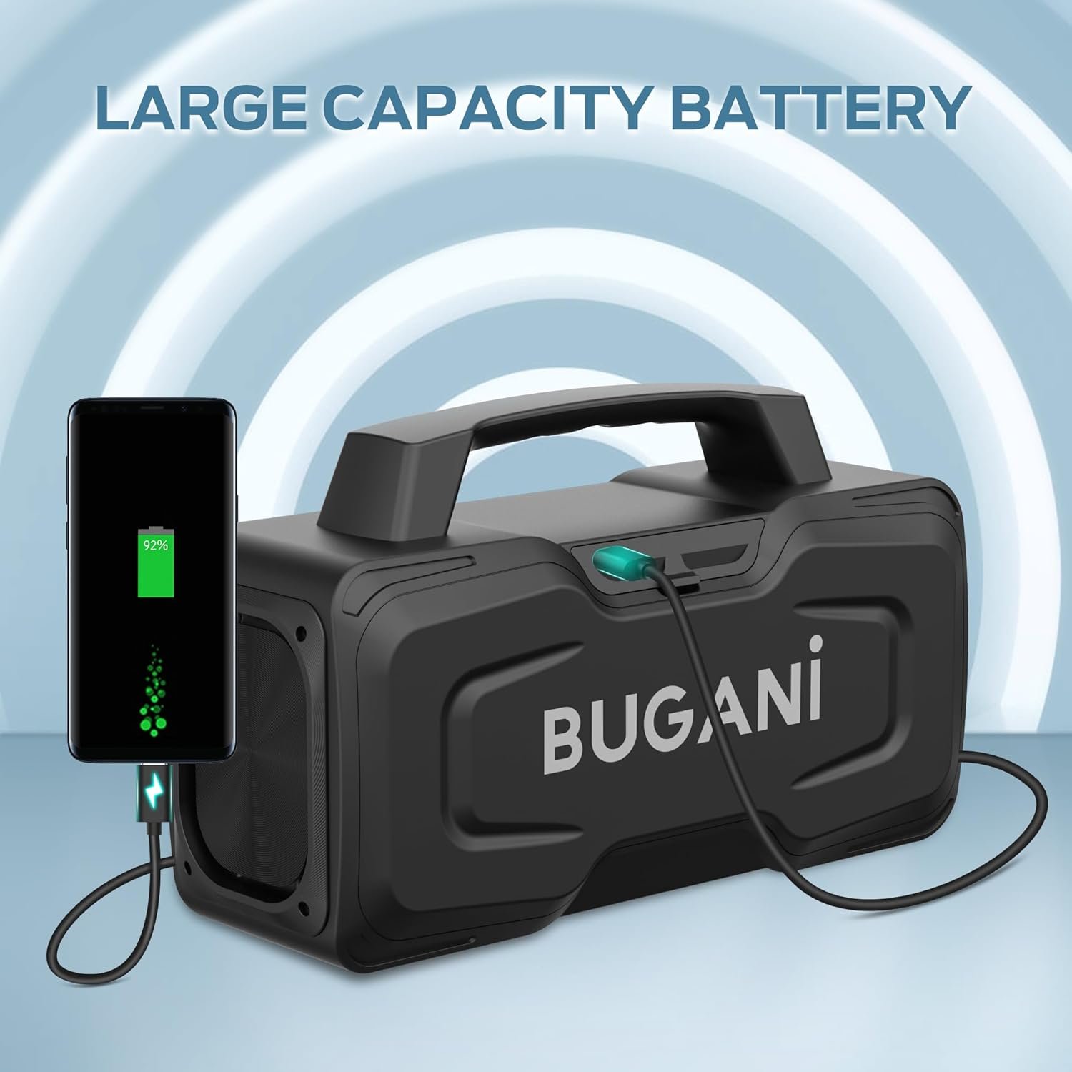BUGANI Bluetooth Speakers, 80W Powerful Portable Wireless Speaker IPX7 Waterproof Speaker, Outdoor Loud Speaker with Handle 24H Playtime, Support Microphone AUX USB Suitable for Party, Pool, Black - Image 7