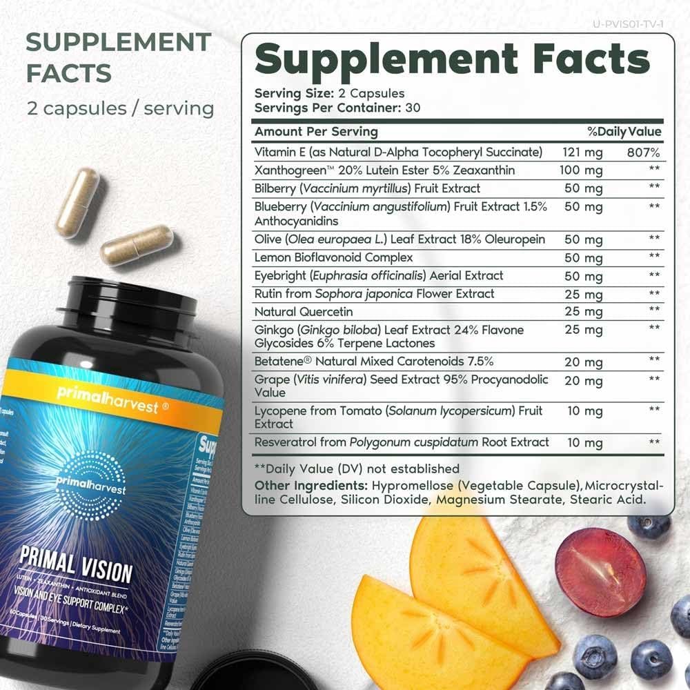 Primal Harvest Vision and Eye Support Complex with Lutein, Zeaxanthin Plus Vitamin E, Bilberry Extract, and Blueberry Extract for Overall Eye Health for Men and Women, 60 Capsules - Image 3