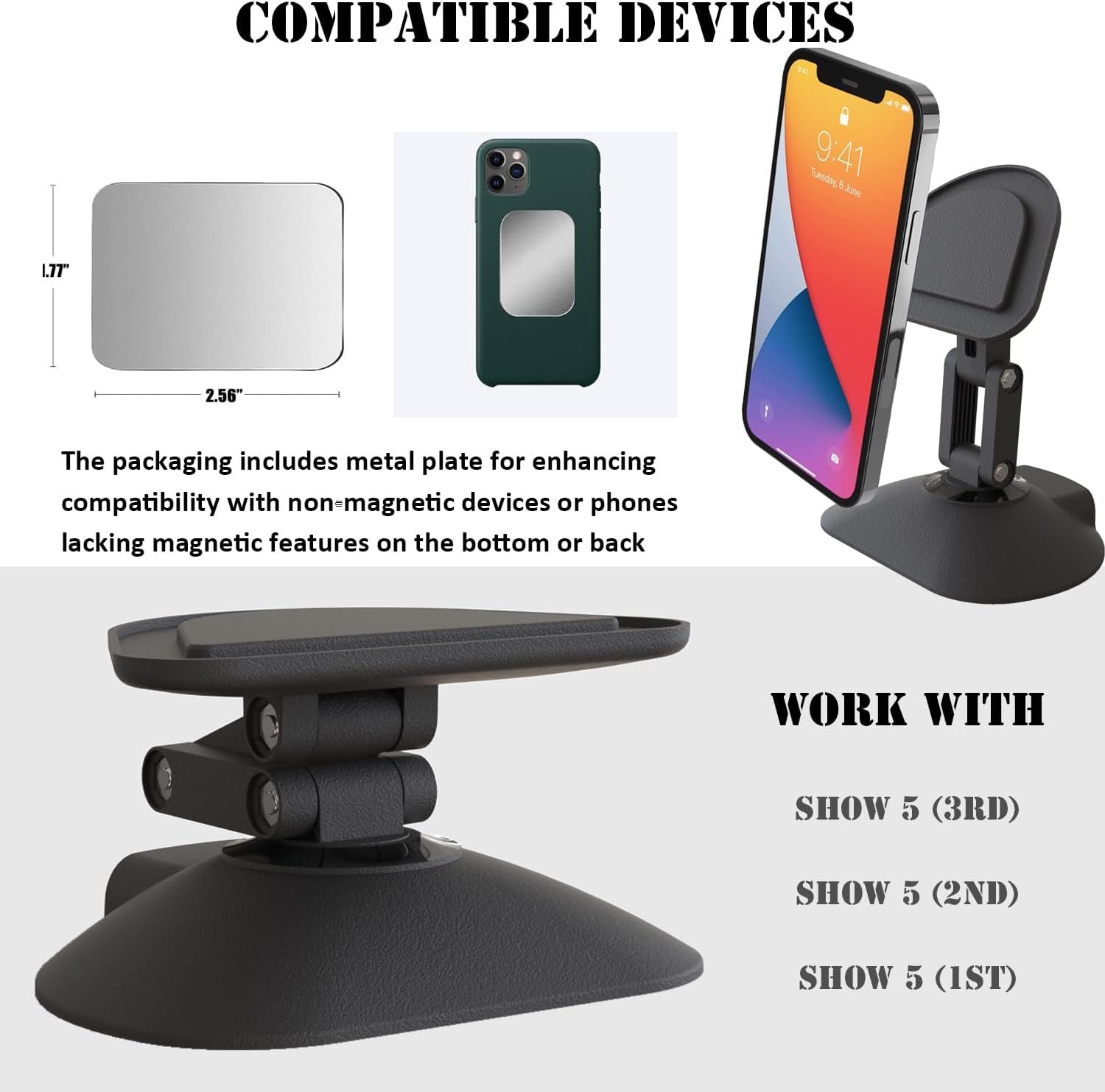 Stand for Echo Show 5 (3rd Gen), Adjustable Height Smart Speaker Stand Table Mount Bracket, Tilt and 280 Degree Swivel Magnetic Anti-Slip Base for Show 5 & Cell Phone (Black) - Image 7
