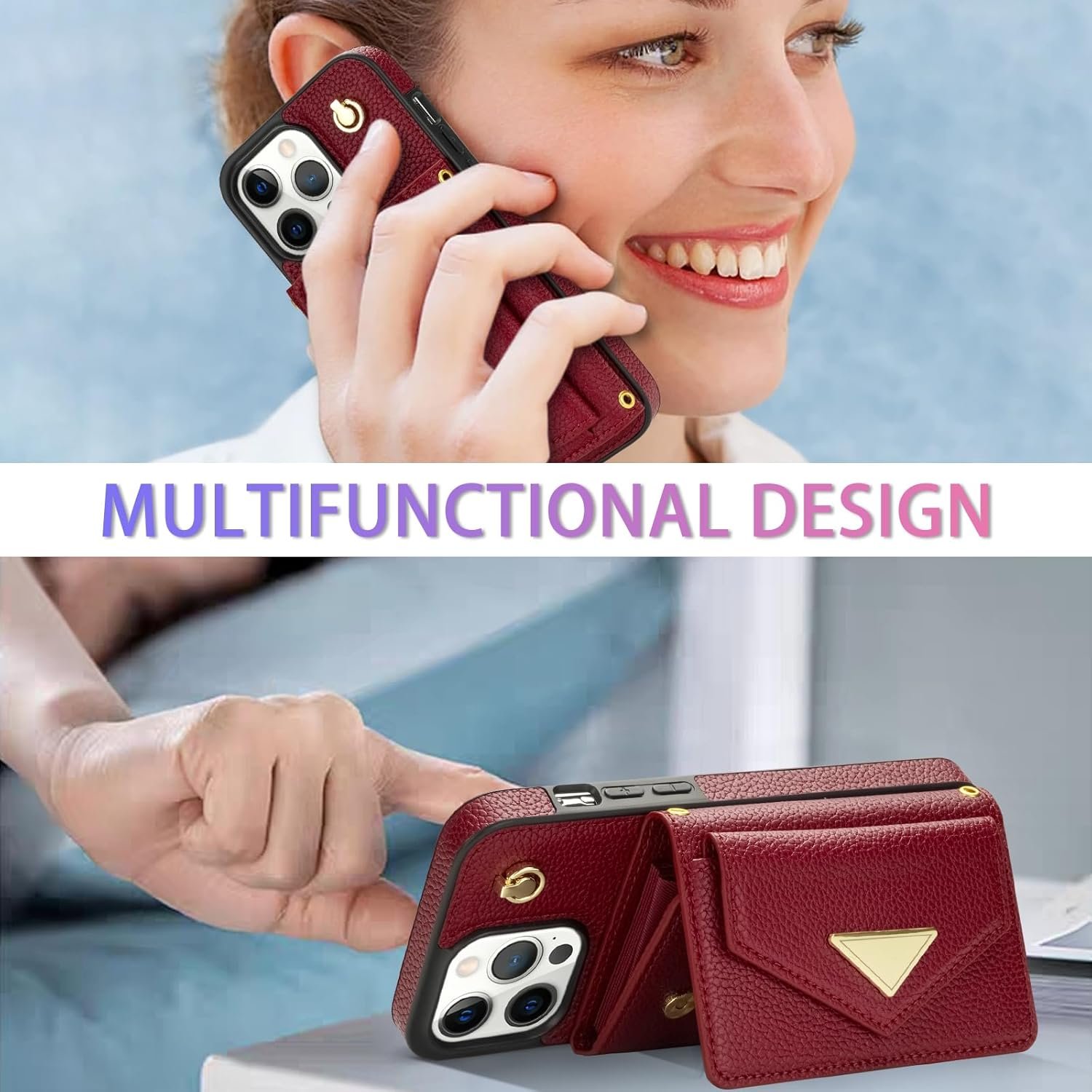 Phone Case for iPhone 15 Pro 6.1 inch Wallet Cover RFID Blocking Credit Card Holder with Crossbody Strap Lanyard Stand Leather Cell Accessories iPhone15Pro 5G i i-Phone i15 iPhone15 15Pro Girls Red - Image 4