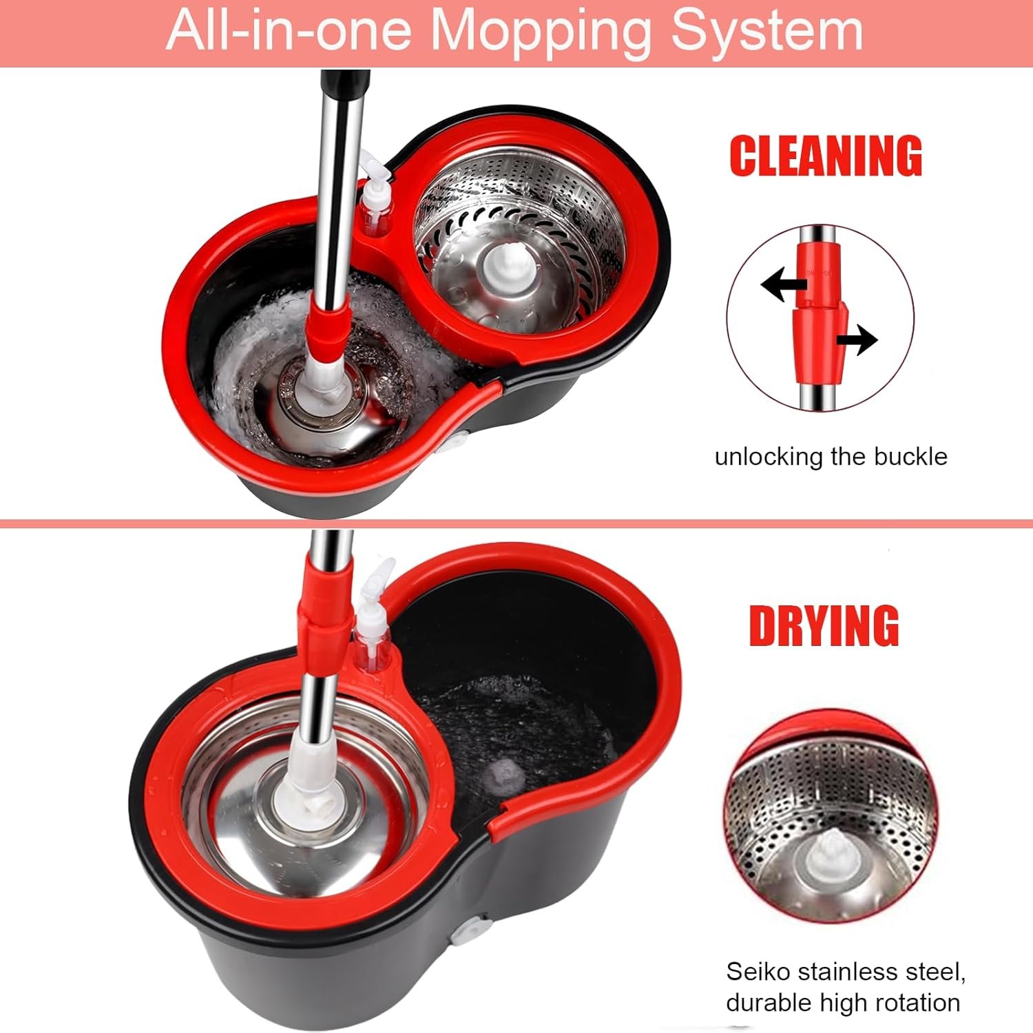 Spin Mop and Bucket with Wringer Set, 360° Spinning Mop Bucket System with 3 Microfiber Mop Replacement Heads Refills, 61" Stainless Steel Extended Handle for Floor Cleaning Home Office(20QT) - Image 4