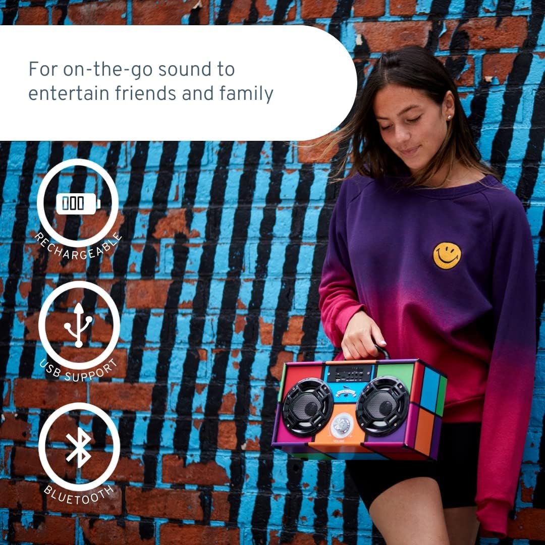 Boombox Speaker with LED Lights – Retro Bluetooth Speaker w/Enhanced FM Radio - Perfect for Home and Outdoor (Black) - Image 3