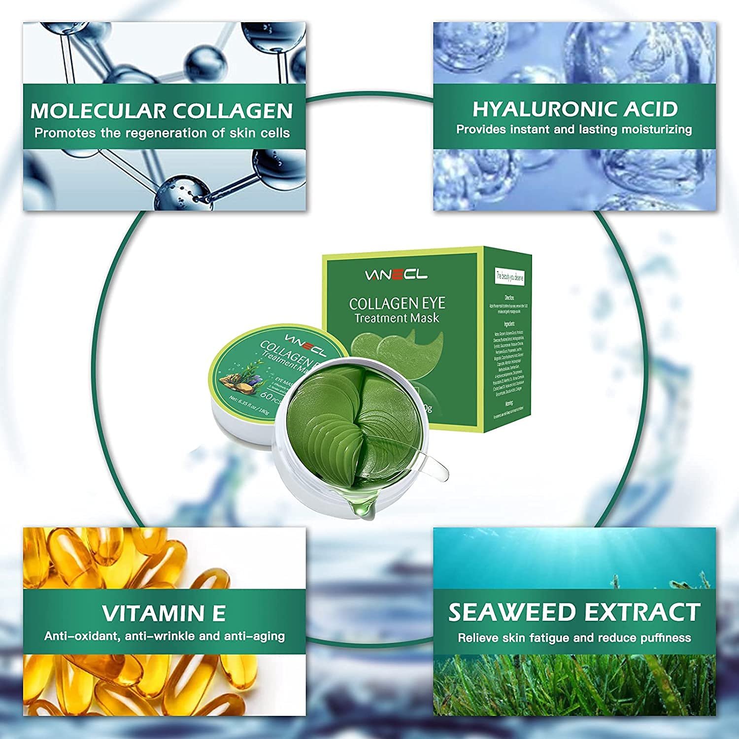 VANELC Eye Mask,Under Eye Patches with Collagen Seaweed,Eye Gel Treatment Masks For Dark Circles , Under Eye Bags Treatment, Natural Eye Masks for Puffy Eyes, Under eye Dark Circles,Anti-Wrinkle - Image 4