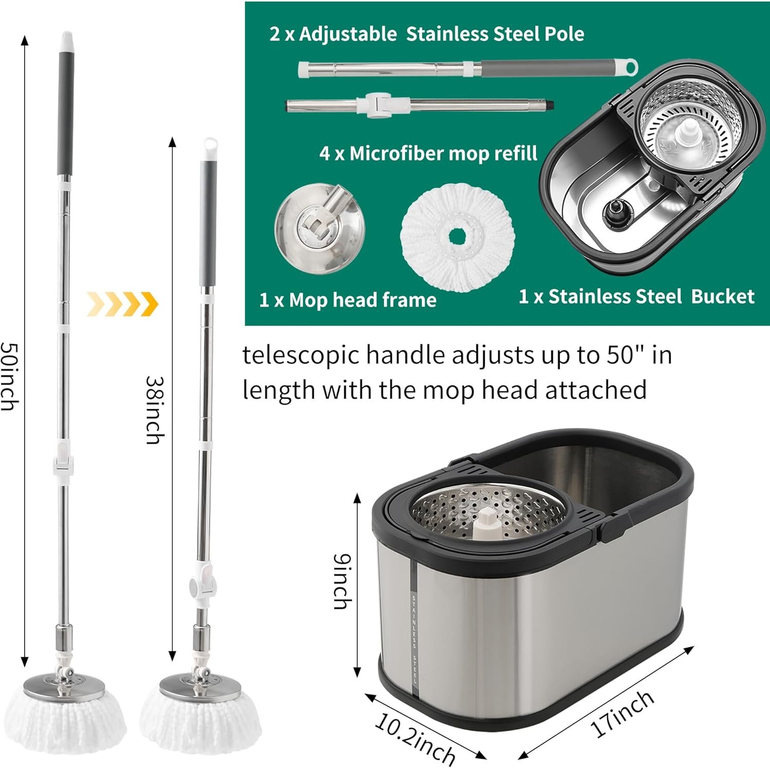 Stainless Steel Spin Mop and Bucket with Wringer Set, 360° Spinning Mop Bucket Floor Cleaning System with 4 Microfiber Mop Replacement Heads - Image 3