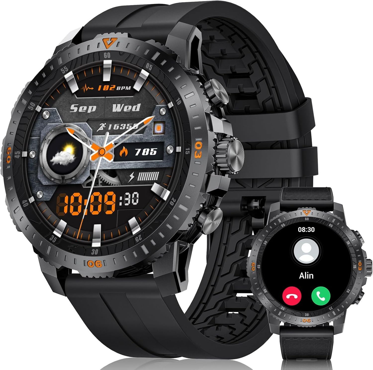 Military Smart Watch for Men,1.46'' AMOLED/500mAh Fitness Tracker Smartwatch(Answer/Dial Calls) with 5ATM Waterproof/120 Sport Modes/Heart Rate/SpO2/Blood Pressure for Android/iOS Black Silicone - Image 2