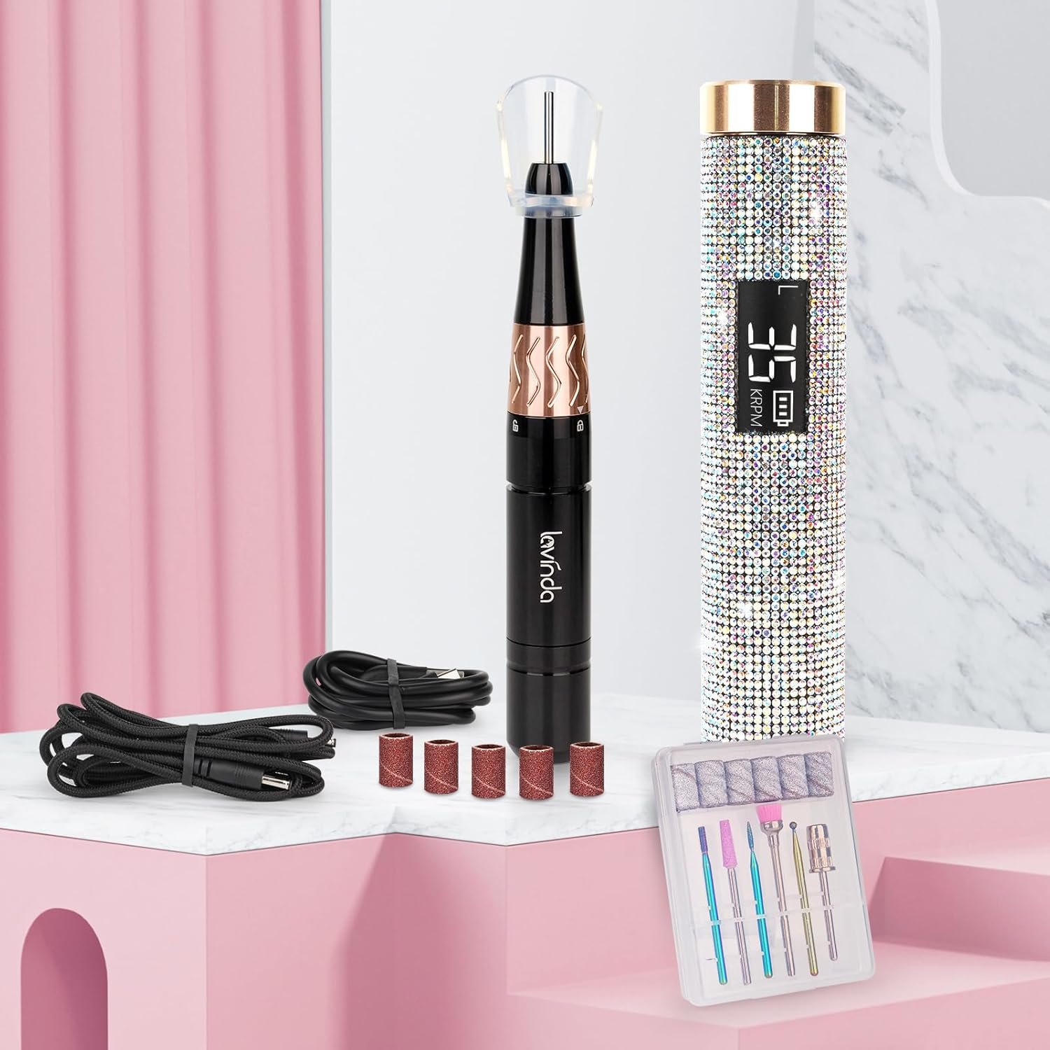 Electric Portable Nail Drill Kit, Lavinda 35000RPM Professional Nail Drill Machine with Coreless Motor for Acrylic Gel Nails, Cordless Rechargeable Manicure/Pedicure/Polishing Tool, Crystal Diamond - Image 8