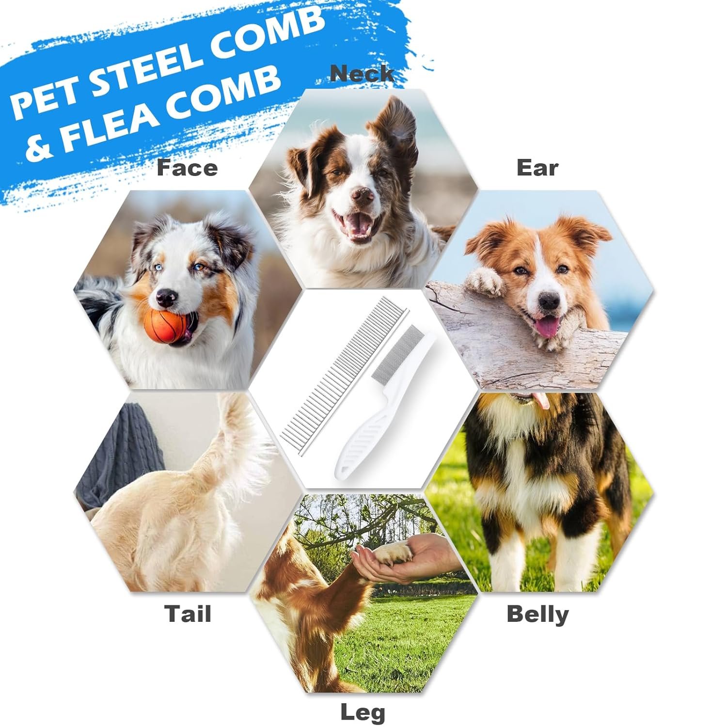 Dog Grooming Kit, Includes 7PCS Deshedding Brush, Pin Brush, Flea Comb, Metal Comb, Bath Brush, Nail Clipper and File, for Small, Medium and Large Dogs (Grey) - Image 5