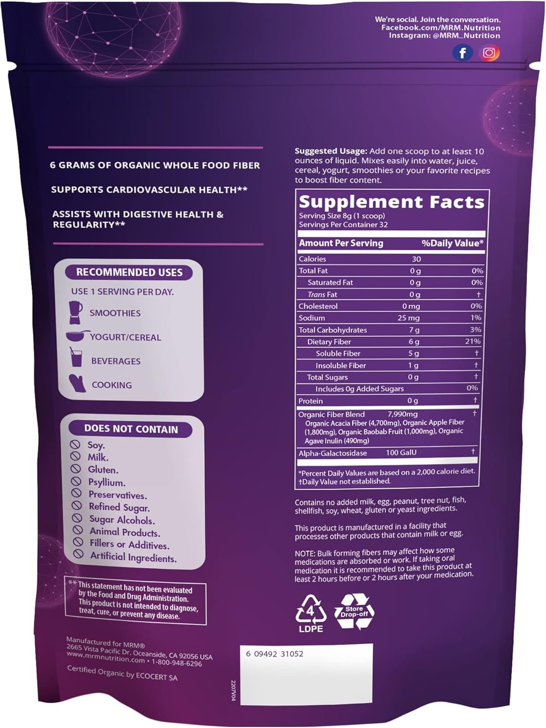 MRM Nutrition Whole Food Organic Fiber | with Enzymes + Prebiotics | Insoluble + Soluble fibers | Digestive Health + Regularity | 6g Fiber per Serving | 32 Servings - Image 3