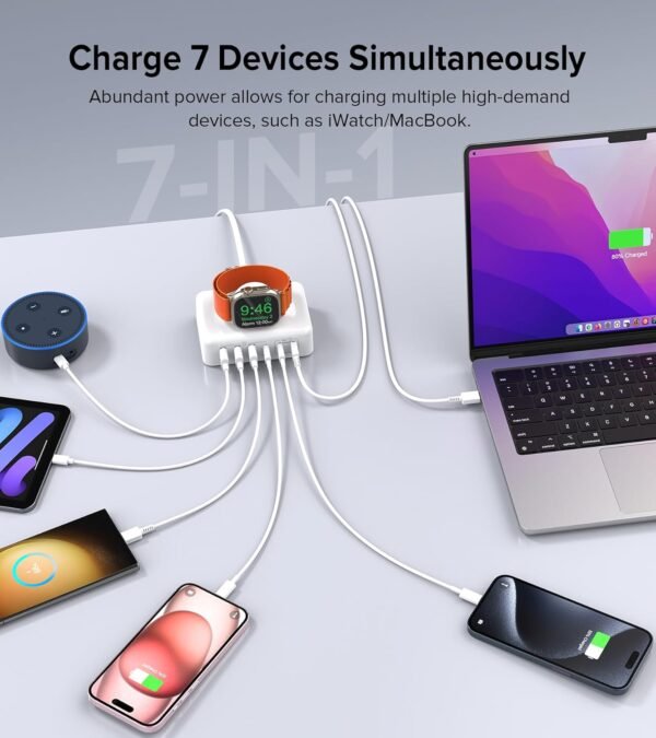 170W USB C Charging Station Block, Travel Charger for Multiple Devices, USB C Charger Plug for iPhone 16 15 14 13 12 Series, Apple Watch Ultra SE 10 9 8 7 6 5 4 3 2, AirPods, MacBook Pro Air, iPad - Image 7