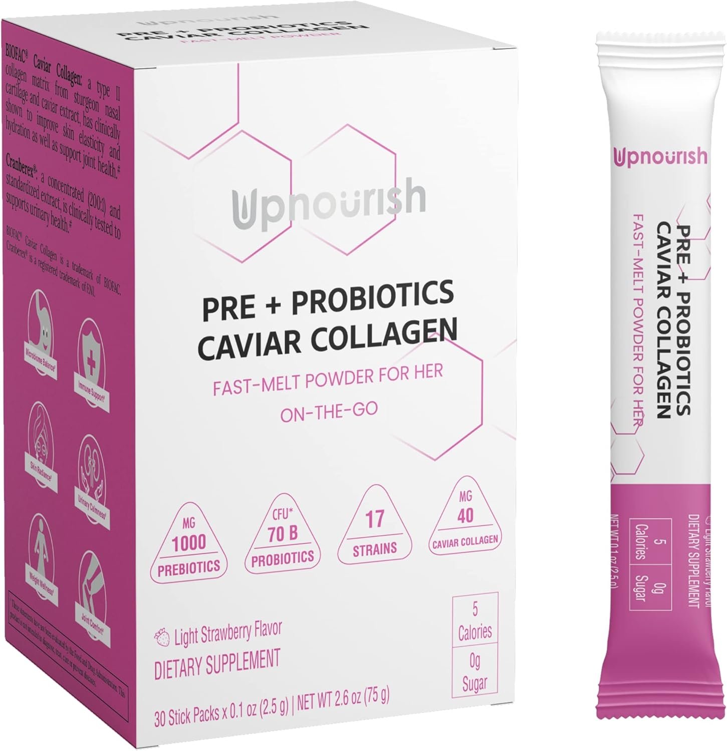UpNourish Prebiotics, Probiotics and Caviar Colalgen for Women's Digestive & Weight Wellness, Skin Radiance, Joint Mobility, Feminine Health with Cranberry Extract & D-Mannose, 30 Fast-melt Packets - Image 2