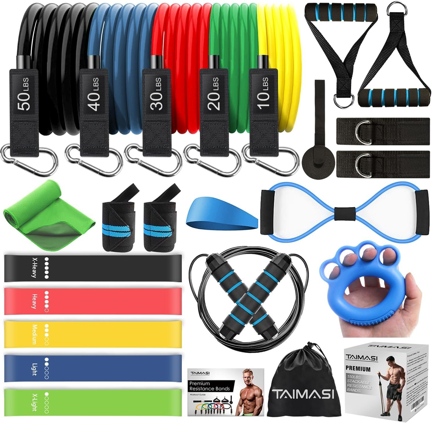 23Pcs Resistance Bands Set Workout Bands, 5 Stackable Exercise Bands with Handles, 5 Resistance Loop Bands, Jump Rope, Figure 8 Resistance Bands, Headband, Cooling Towel - Image 2