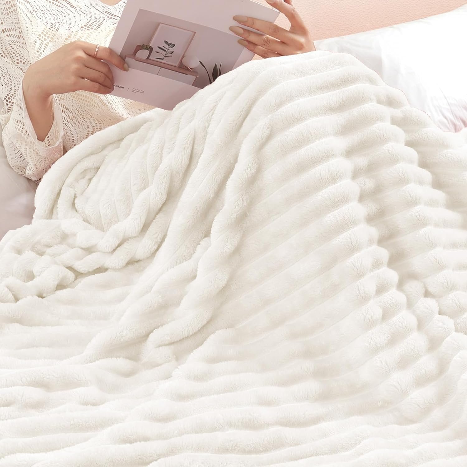 Exclusivo Mezcla Fleece Throw Blanket for Couch, Super Soft 3D Striped Jacquard Bed Blanket, Lightweight Fuzzy Cozy Blankets for All Seasons, 50x60 Inches, Ivory Blanket - Image 9