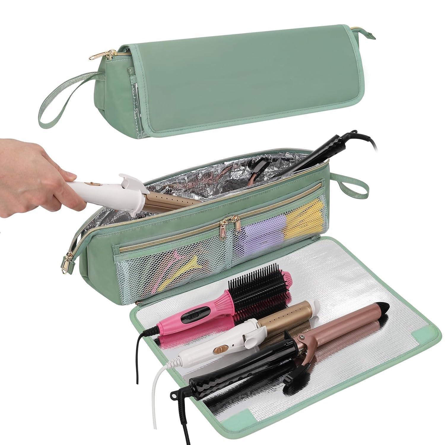 Ethereal 2-in-1 Hair Tools Travel Bag and Tinfoil Heat Resistant Mat for Flat Irons, Straighteners, Curling Iron, and Haircare Accessories, Hot Hair Styling Tool Organizer with Pockets, Green - Image 2