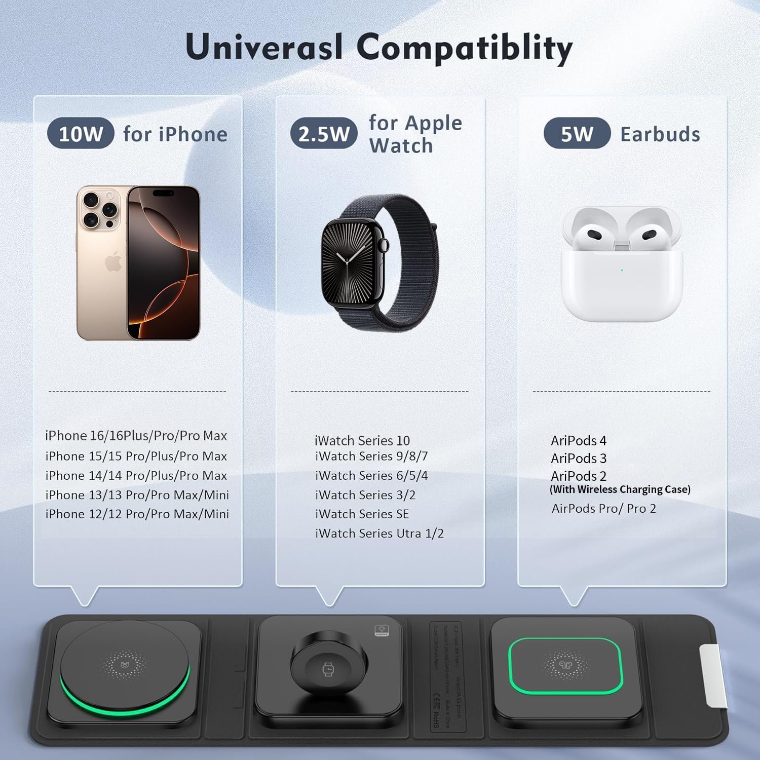Wireless Charger for iPhone - 3 in 1 Charging Station for Apple Multiple Devices, Foldable Magnetic Mag-Safe Travel Charging Pad for iPhone 16 15 14 13 12 Pro Max Plus iwatch Watch & Airpods - Image 3