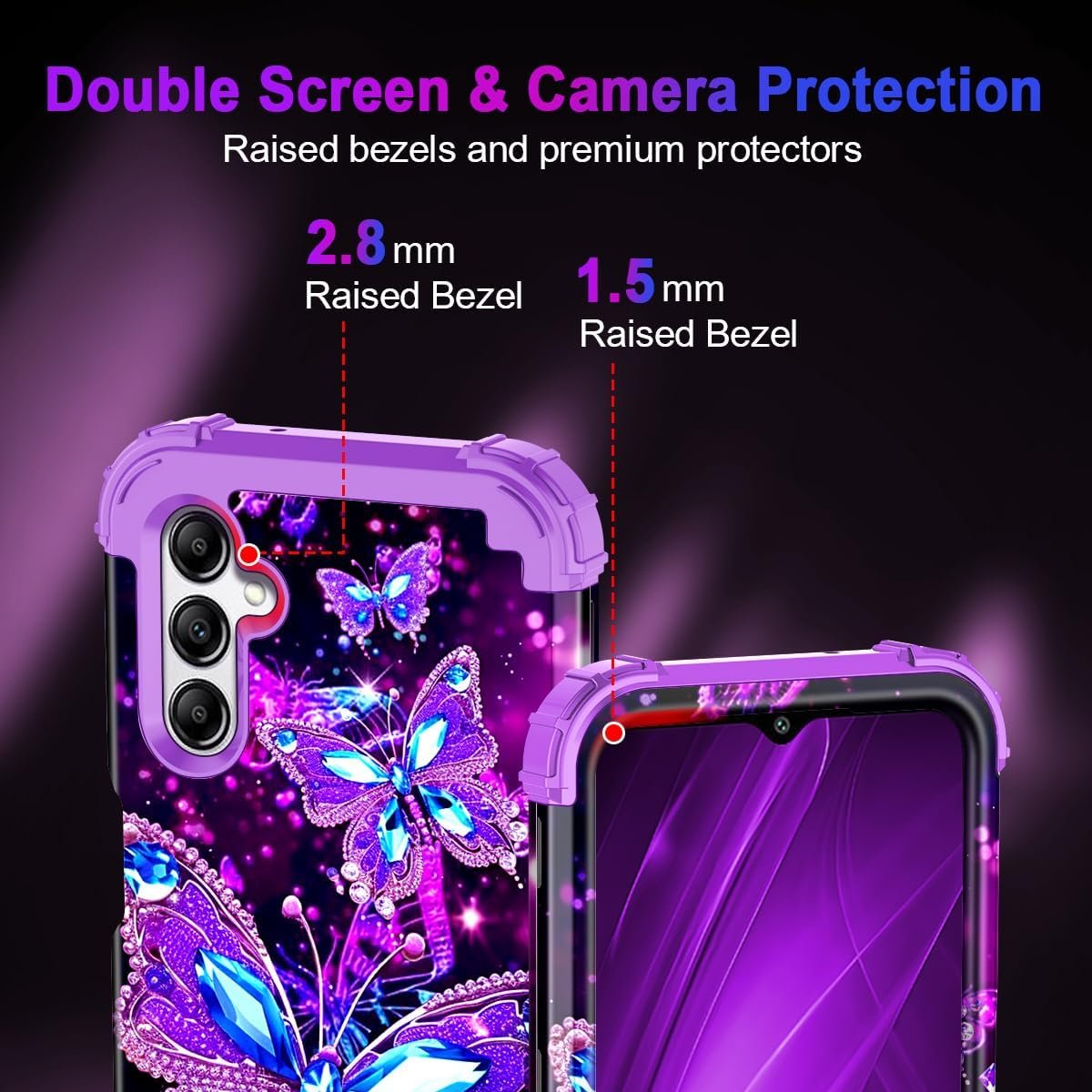 Miqala for Galaxy A14 5G Case,Glow in The Dark Three Layer Heavy Duty Shockproof Full Protection Hard Plastic Bumper+Soft Silicone Protective Case for Samsung Galaxy A14 5G 6.6 inch,Dark Butterfly - Image 6