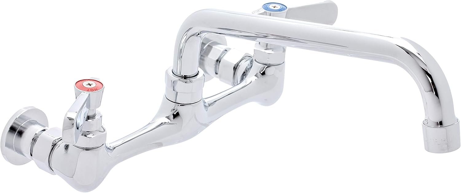 Kitchen Sink No Lead Faucet - DuraSteel 8" Center Wall Mounted Commercial Kitchen Sink Faucet with 8" Swivel Spout - NSF Certified - Dual Lever Handles - Brass Constructed & Chrome Polished - Image 2