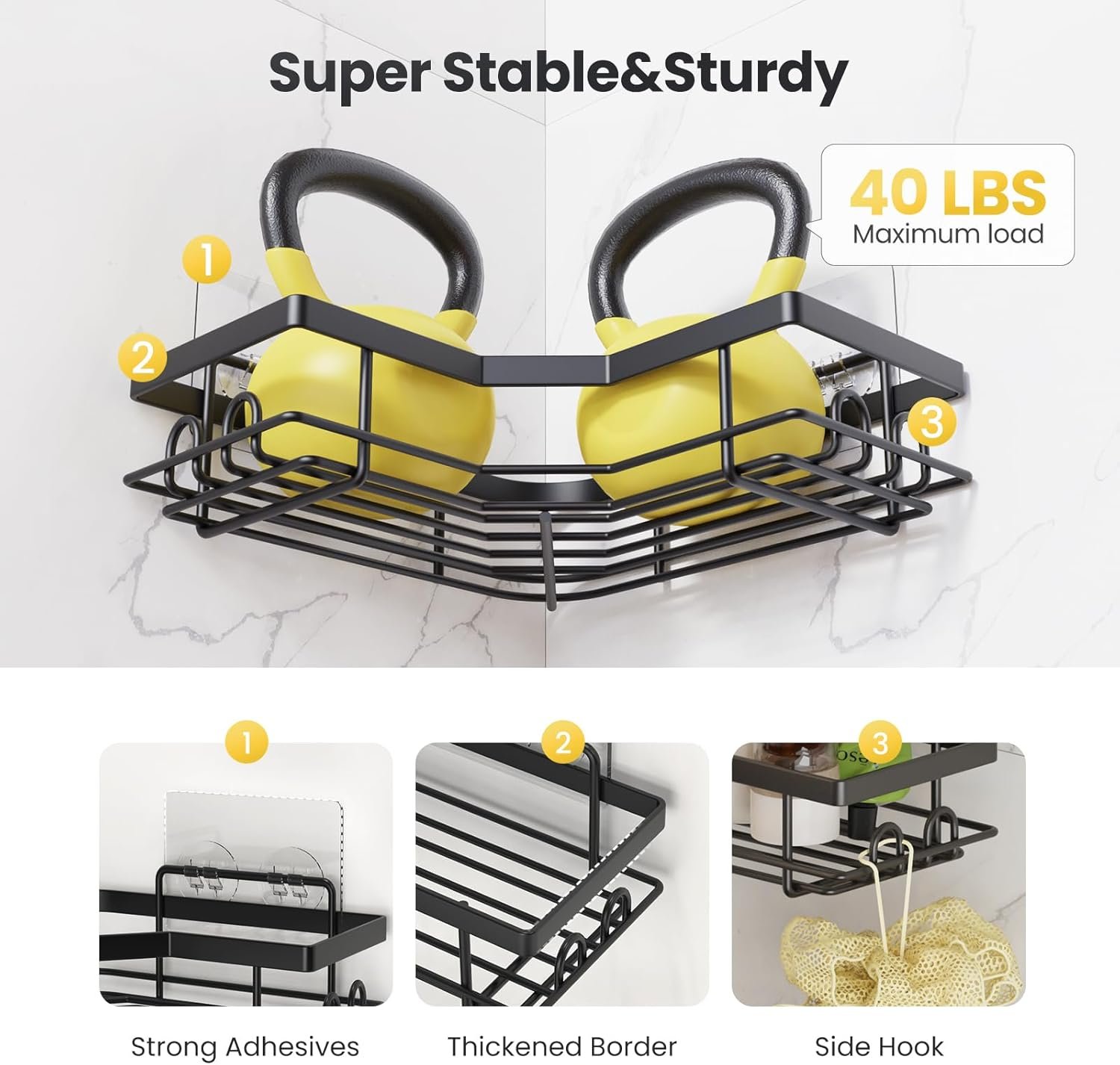 Corner Shower Caddy,8 Pack Adhesive Bathroom Accessories with Soap Holder, Storage Stainless Shower Organizer Shelf with 8 Hooks for Bathroom - Image 8