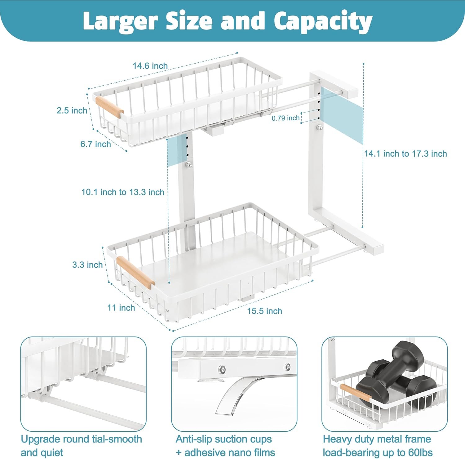 Under Sink Organizer 2 pack, 2 Tier Slide Out Under Sink Organizers And Storage, Height Adjustable Pull Out Cabinet Organizer Drawers, Kitchen Bathroom Metal Sink Storage Shelves, White - Image 5
