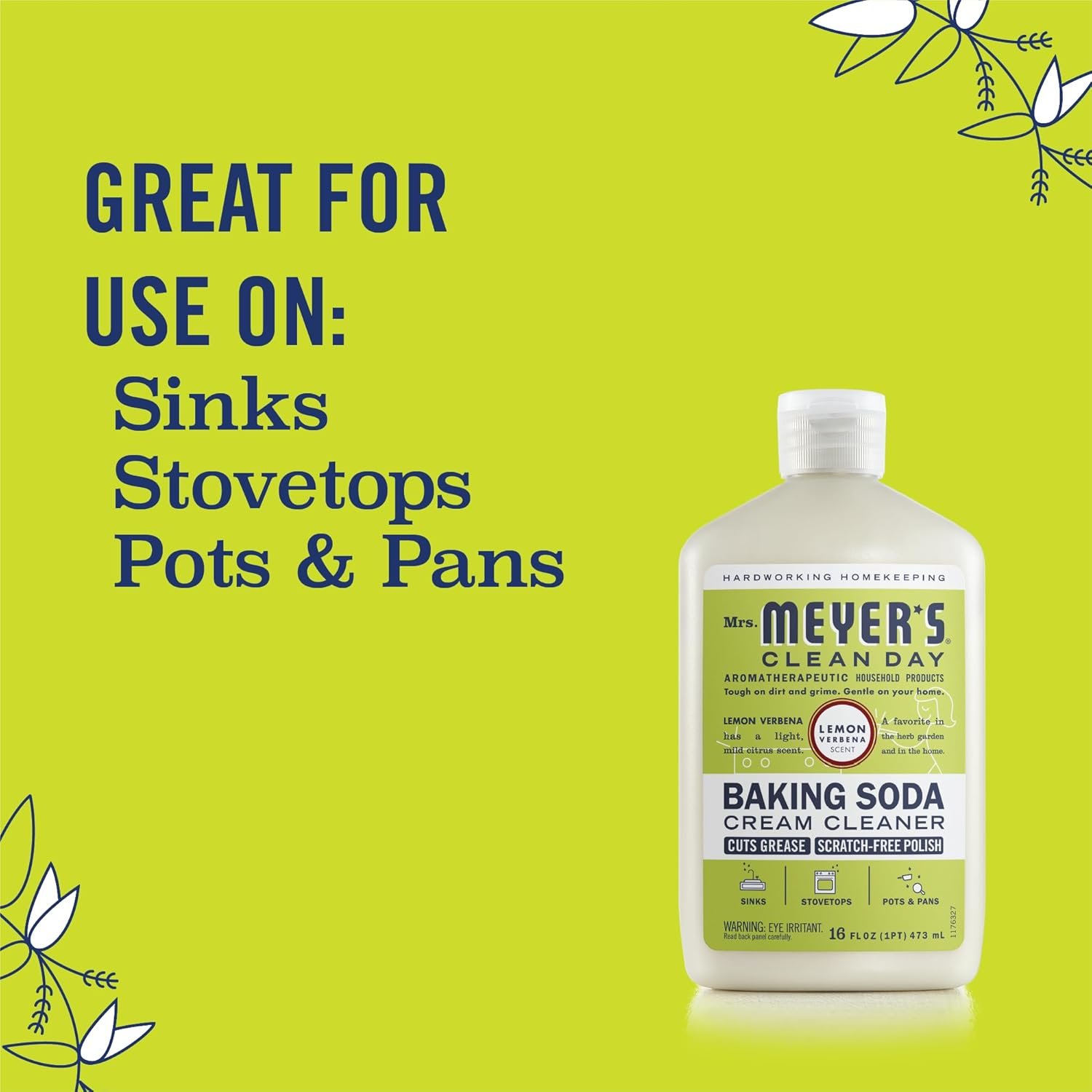 MRS. MEYER'S CLEAN DAY Baking Soda Cream Cleaner, Cuts Grease, Scratch-Free Polish, Plant-Derived Cleaning Ingredients, Lemon Verbena, 16 Fl Oz, Pack of 2 - Image 6
