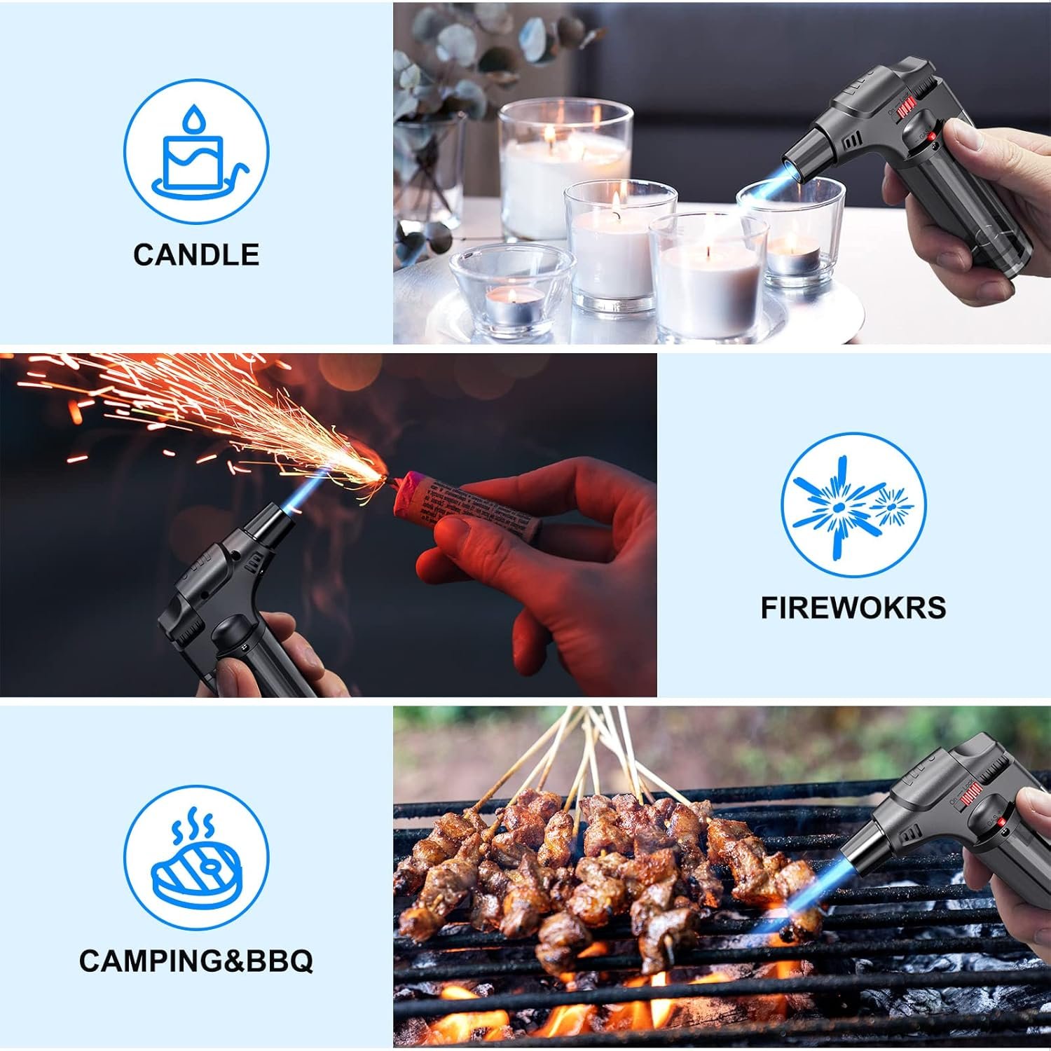 Torch Lighters, 4 Pack, Butane Refillable Jet Flame Torch Lighter, Windproof, Safe, Multi Utility Lighter for Candles, Fireplaces, Campfires, Grill (Without Butane) - Image 7