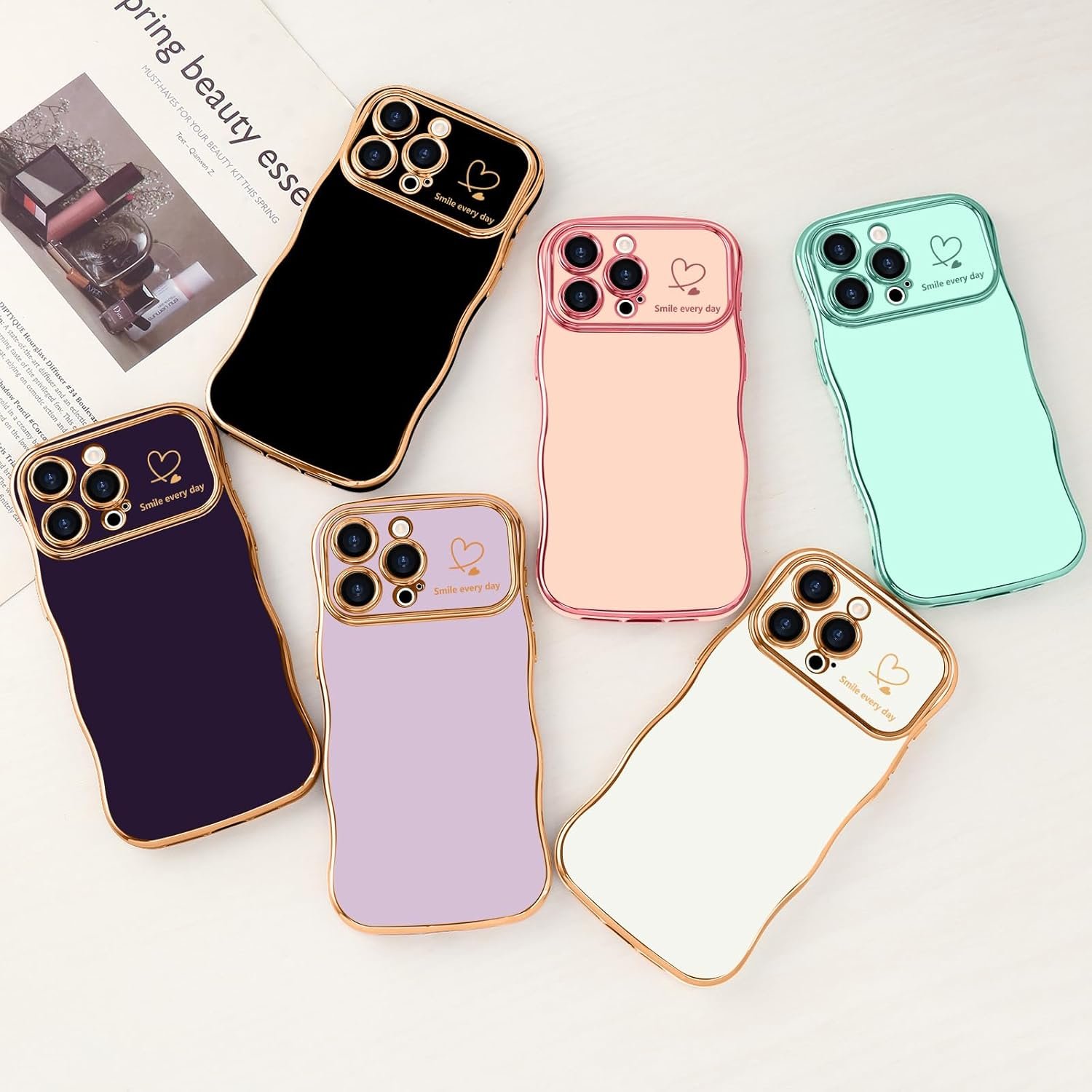 LCHULLE for iPhone 14 Pro Max Case for Women Girls, Cute Wave Frame Curly Shape with Love Heart Pattern Raised Camera Protection Cover Luxury Plating Shockproof Phone Case for iPhone 14 Pro Max, Black - Image 8
