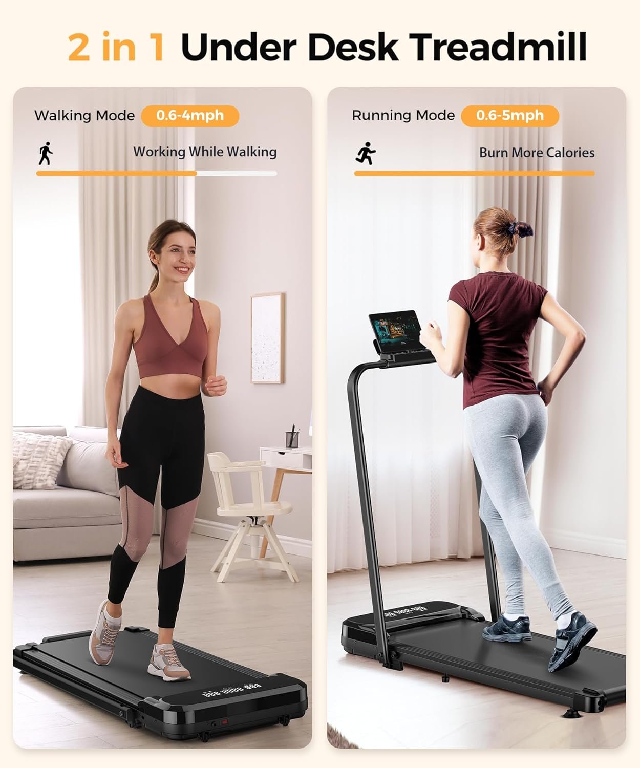 Walking Pad, Under Desk Treadmill, Walking Pad with Incline, 2 in 1 Treadmills for Home/Office, Compact Portable Foldable Treadmill, Installation-Free Low Noise, Safety Lock and LED Display - Image 3