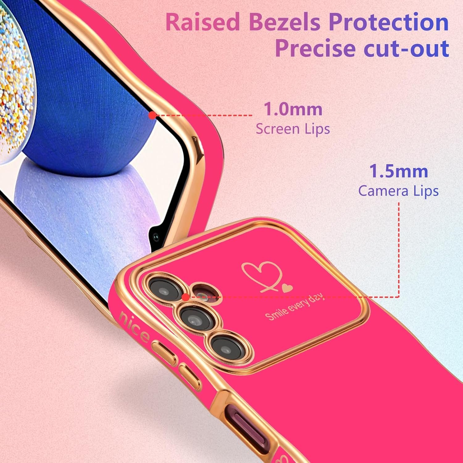 ZTOFERA for Samsung Galaxy A14 4G/5G Case 6.6 inch,Cute Curly Wave Frame Case with Love Heart Pattern,Luxury Plating Edge Full Camera Protection Shockproof Phone Case for Women Girls-Rose Red - Image 3