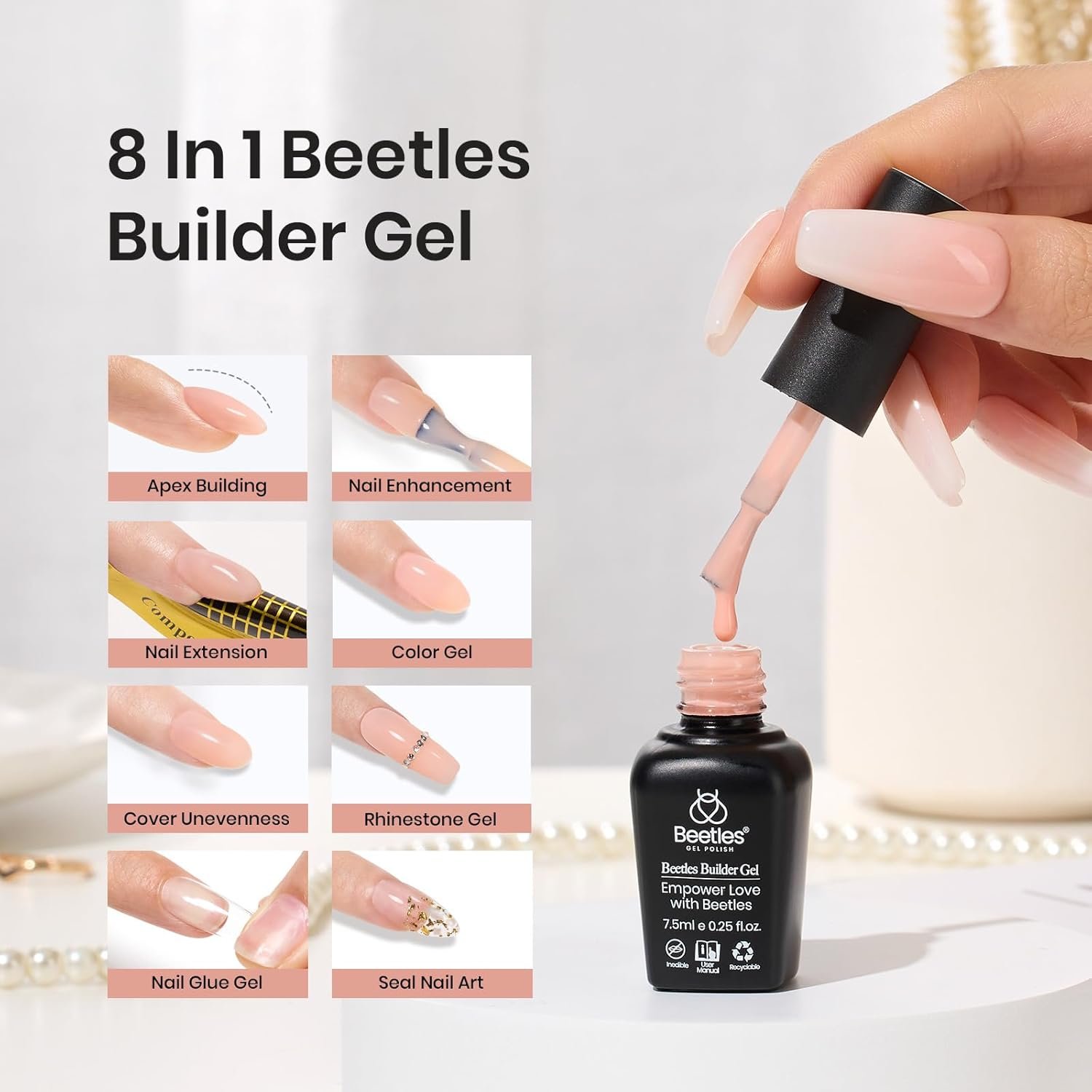 Beetles Builder Gel, 6 Colors 8 in 1 Strengthener Gel Clear Nude Pink Brown Gel Builder for Nails Hard Gel Extension Nail Gel Rhinestone False Nail Tips Glue Nail Art Design Valentines Gift for Women - Image 3