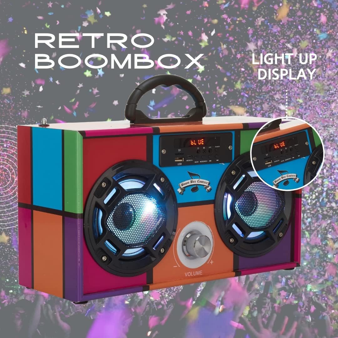 Boombox Speaker with LED Lights – Retro Bluetooth Speaker w/Enhanced FM Radio - Perfect for Home and Outdoor (Black) - Image 4