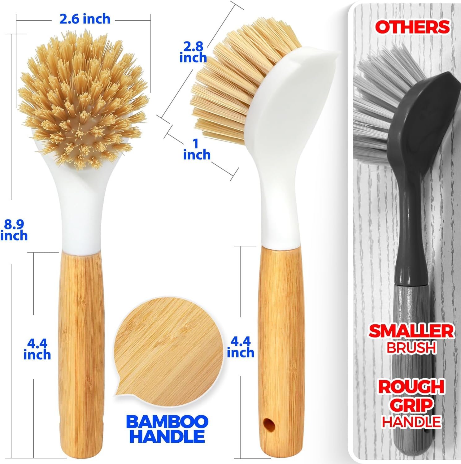 Holikme 3 Pack Dish Brush Set with Bamboo Handle, Kitchen Cleaner for Cleaning Pot, Sink and Stove, Skillet Scrubber with Tough Bristles for Cast Iron Grill Pan, Yellow White Black - Image 7