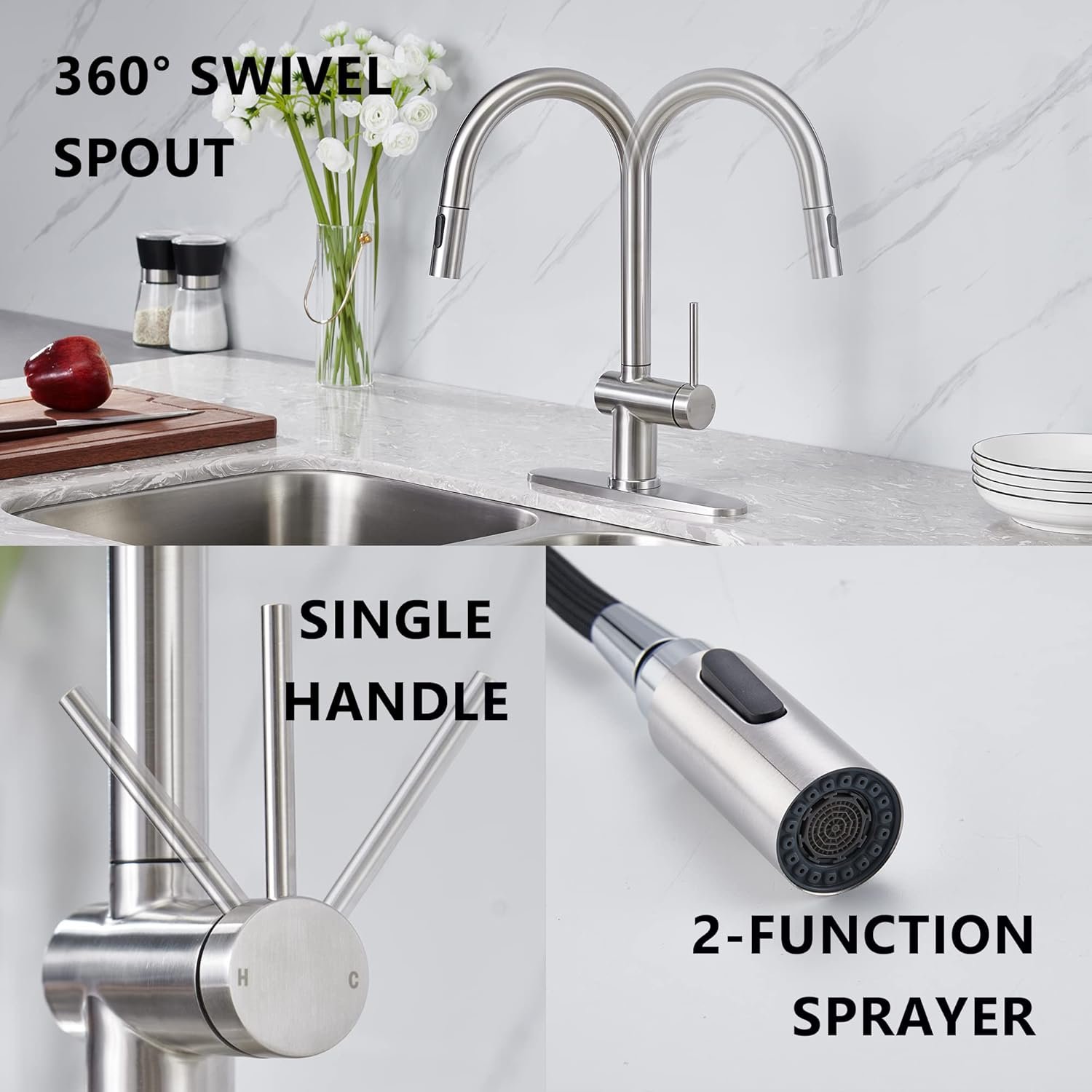 Kitchen Faucet with Pull Down Sprayer, Modern Stainless Steel Single Handle Kitchen Sink Faucet, Single Hole Kitchen Faucet with 10" Deck Plate (Brushed Nickel) - Image 6