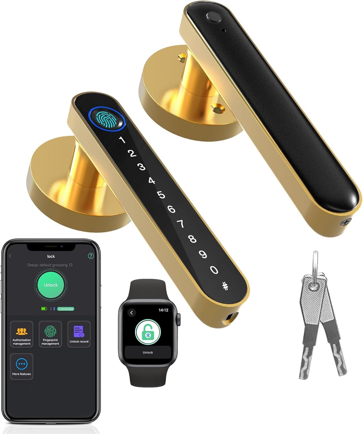 Fingerprint Handle Door Lock Smart Door Lock Levers eLinkSmart Digital Keyless Entry Door Knob Watch App Open Knob Lock for Bedroom Gold - Image 2