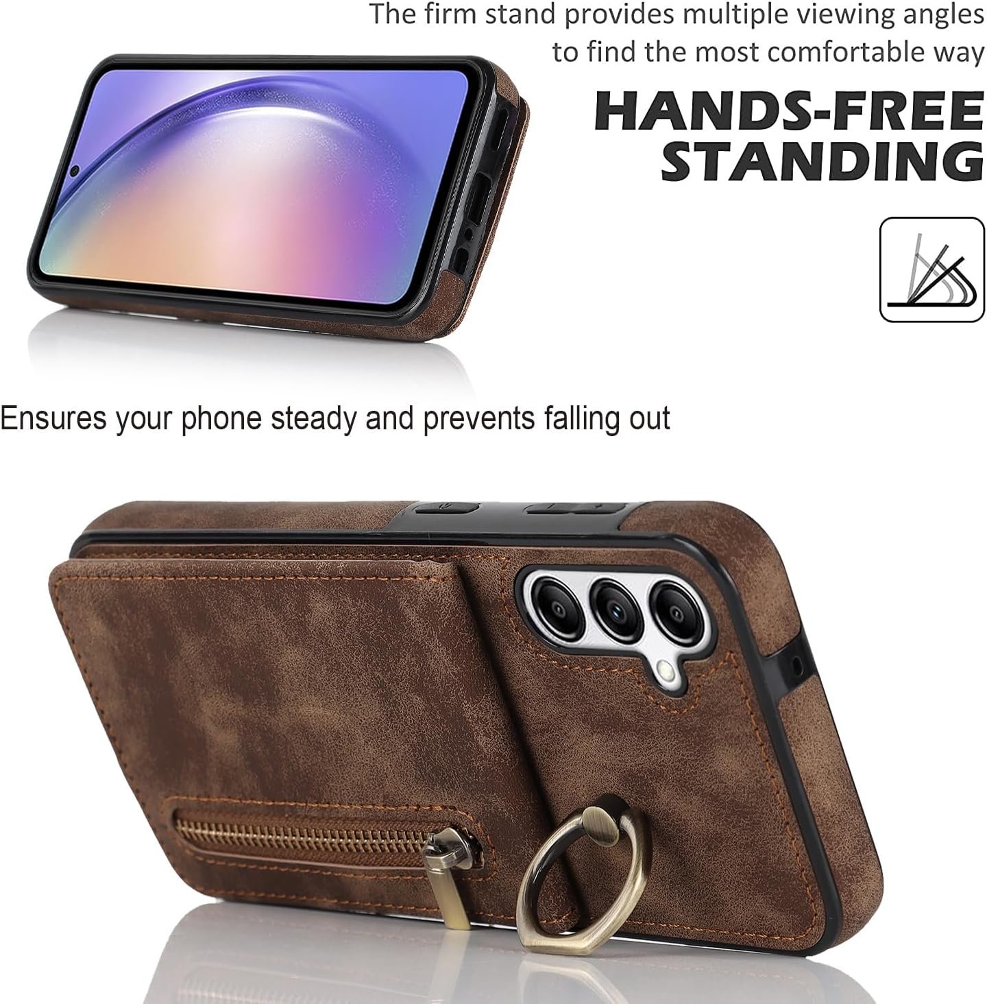 Asuwish Phone Case for Samsung Galaxy A14 5G Wallet Cover with Tempered Glass Screen Protector and Cell Accessories Zipper RFID Card Holder Slot Ring Kickstand A 14 4G 14A G5 A145G SM Women Men Brown - Image 4